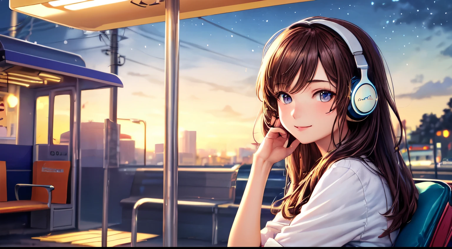 (highest quality,masterpiece:1.2),be familiar with,perfect face,brown hair,Girl listening to music,have her phone,sitting at the bus stop,2D anime style,figure,soft lighting,Bright colors,Sparkling ornaments,night,peaceful atmosphere,Cozy background,expressive eyes,gentle smile,flowing hair,Headphones On,bright eyes,Likeable character