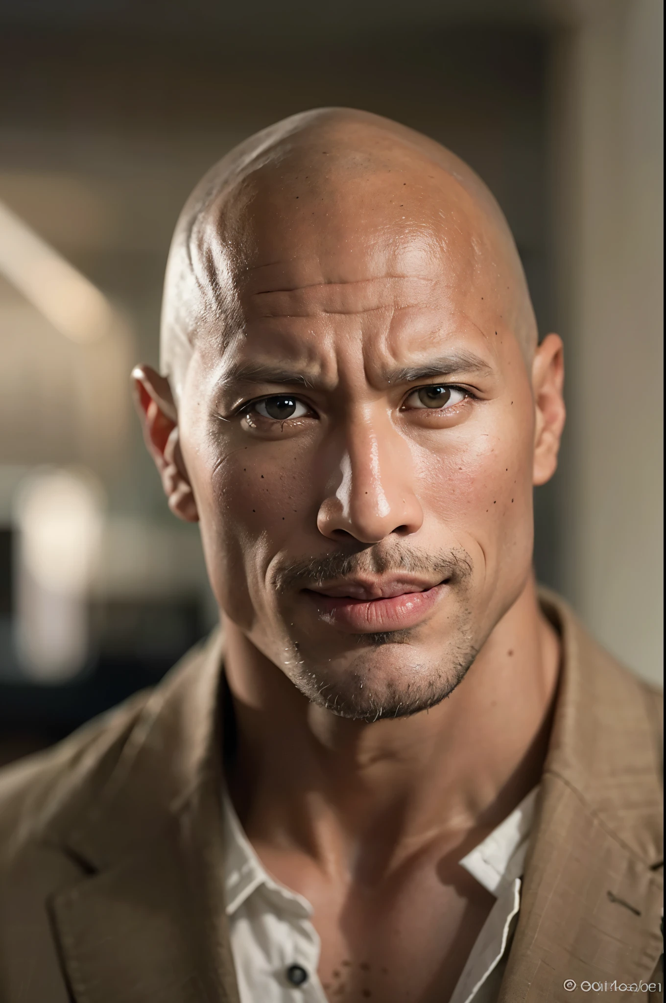 Create a realistic photo of a man who closely resembles Dwayne Johnson, captured with a high-quality camera lens. The image should focus on his facial features in a close-up shot, with him directly facing the camera. He should have a muscular physique, bald head, and medium-dark skin tone. The man's broad, inviting smile and intense, engaging eyes should be prominently featured. The lighting should softly highlight the contours of his face and the texture of his skin, against a blurred background to ensure the focus is solely on his visage. This photo should exude a sense of confidence and charisma, highlighting his strong jawline with precision and clarity typical of top-tier camera quality.