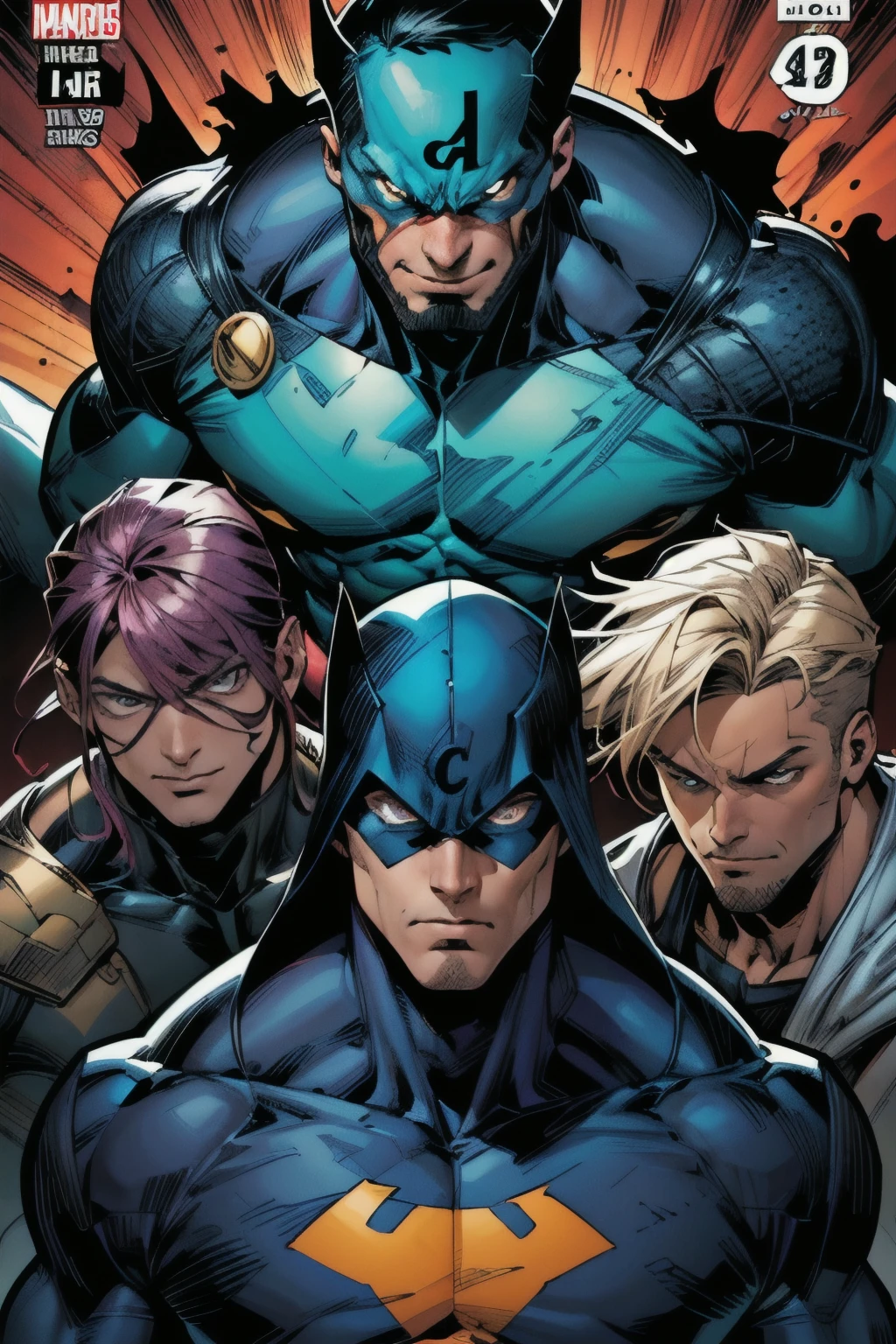 ((Melhor qualidade)), (detalhado), ((quadrinhos), Make a comic book cover with villains and heroes called Trait Comics