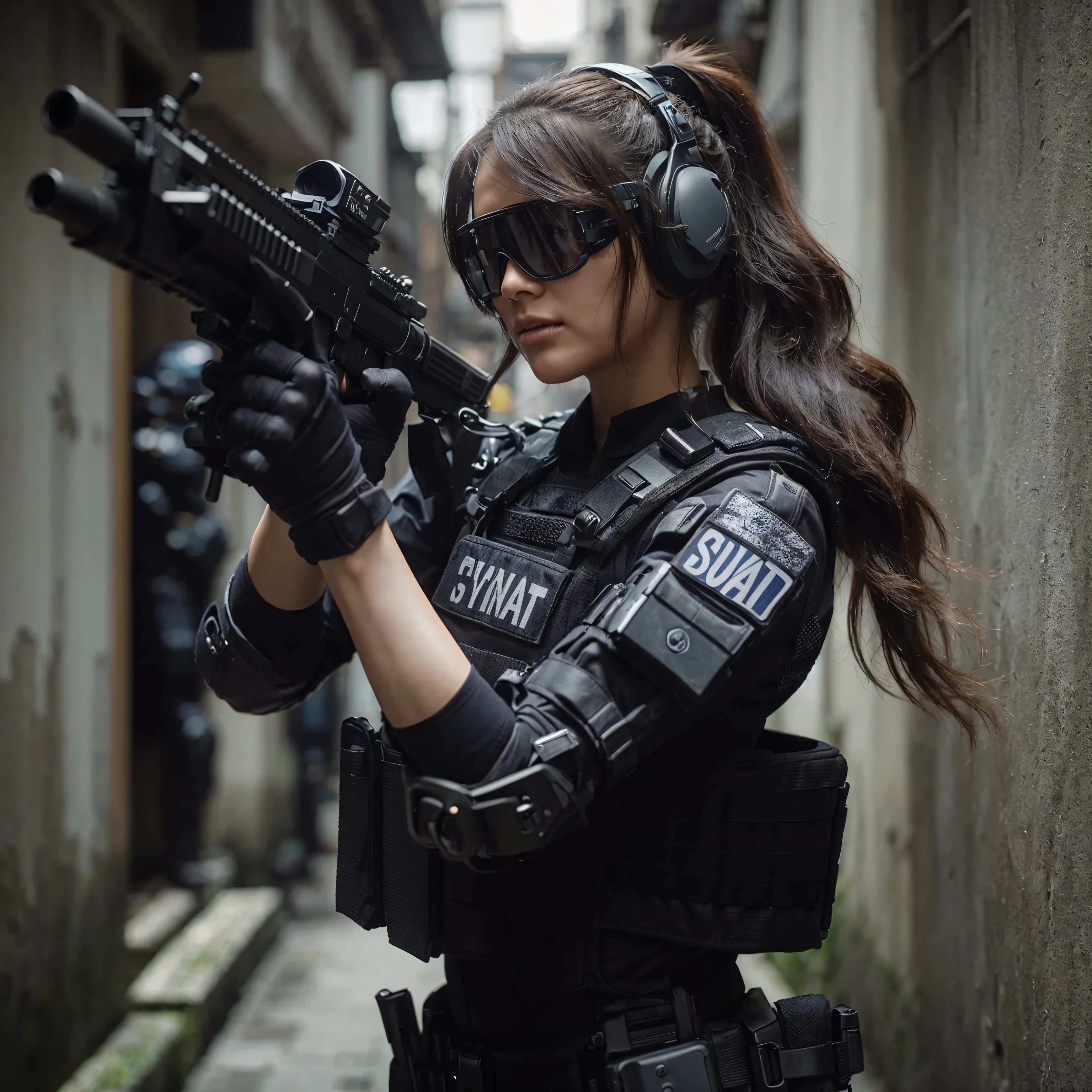film photo, 70mm, ISO100, f/2.8, 1/320s, Taiwanese female police in SWAT uniforms with fighting skills, wearing advanced tactical armor and high-tech future toy rifles, tactical communication headsets and goggles, ponytail hairstyle, in a narrow space In the alleyway, the dynamic gesture flow effect, only to see the majestic scale of her face, dramatic eyes, ultra-fine skin, an absolute masterpiece, suitable for 64k resolution. It meets the highest standards of authenticity, ensuring every element looks like a high-resolution photo.