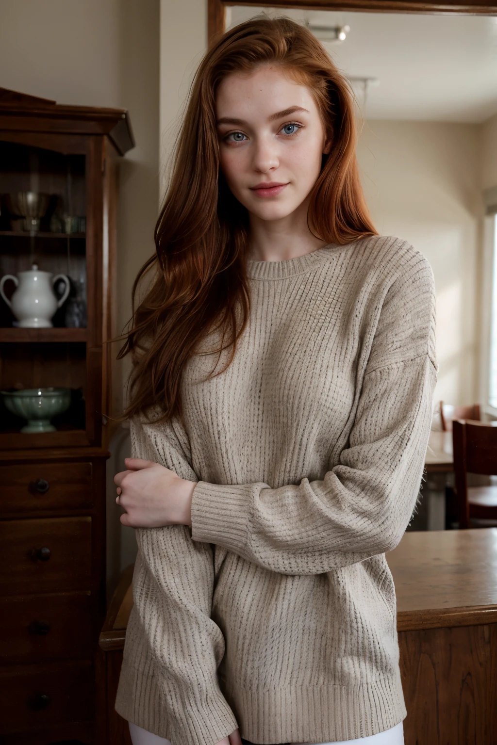 Photo of an Irish girl 20 years old, medium length red hair, honey colored eyes, detailed eyes, pale skin, look confident, everyday, interior, with an air of superiority, gray sweater, cowboy, posing for the camera, realistic photography, Big , They are smiling, Beautiful face, Beautiful face, young, ,