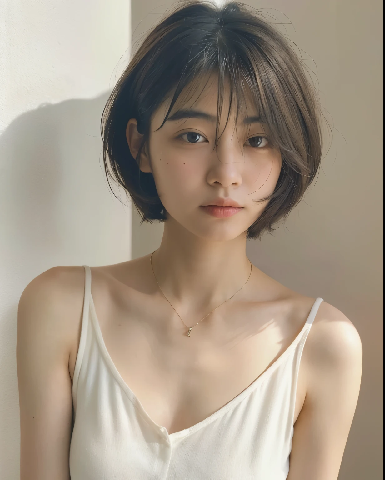 (very realistic photo, concentrated、High resolution, detailed face, fine eyes), ((Taken in front of a white wall))、japanese woman, 20-year-old, various expressions, Upper body、alone:1, slim body shape, various hairstyles,black sheer tops、Only one person is in the photo、Photographed in natural light、simple necklace、bob hair、shortcut、looking at the camera