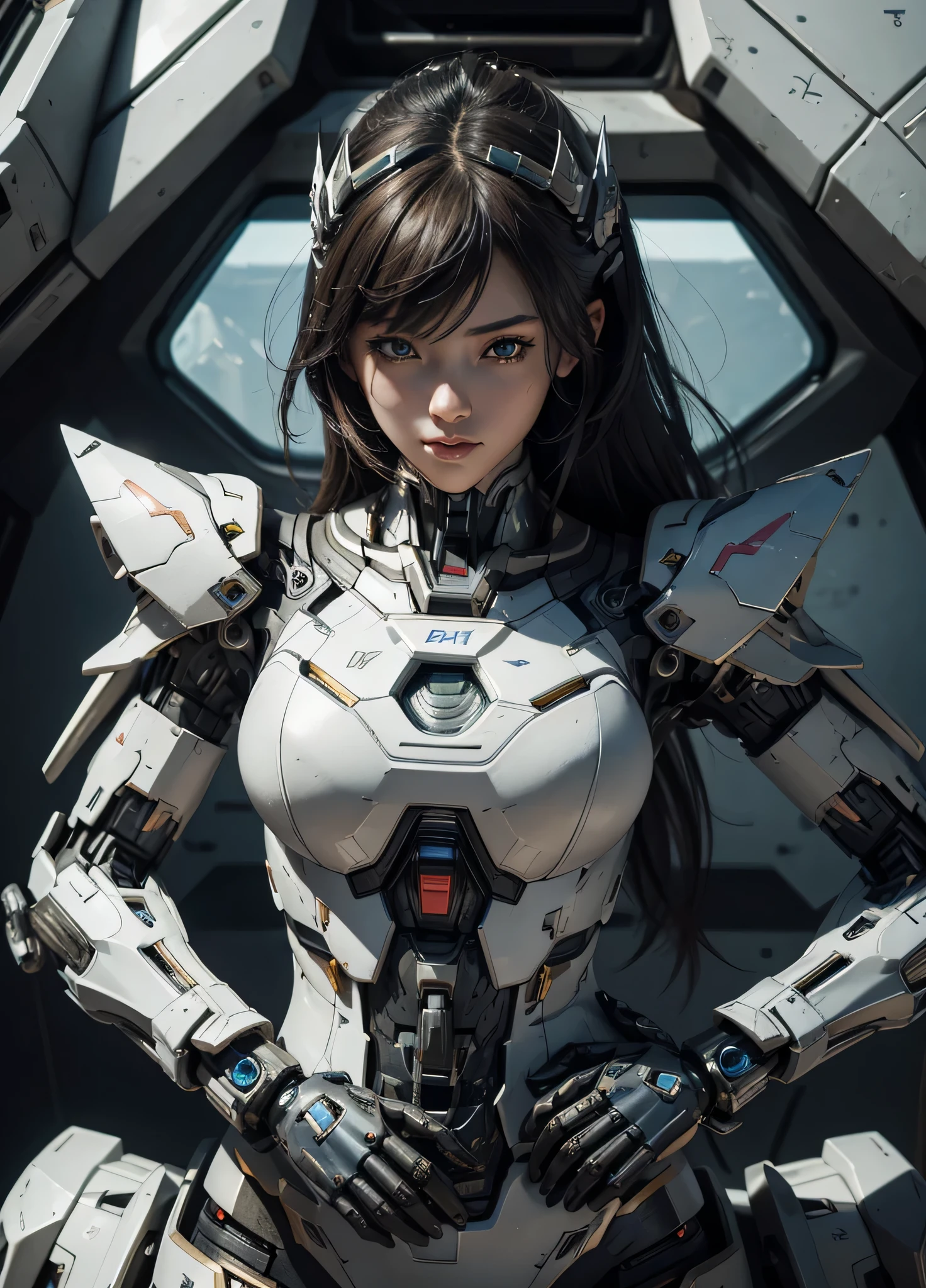Textured skin, Super Detail, high details, High quality, Best Quality, hight resolution, 1080p, hard disk, Beautiful,(Gundam),beautiful cyborg woman,Mecha Cyborg Girl,Battle Mode,Girl with a Mecha Body,She wears a futuristic Gundam mecha,Fulll body Shot