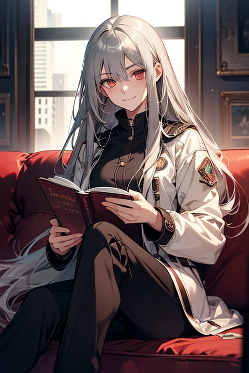 (best quality,high resolution,ultra-detailed),1girl,(long silver hair:1.1,long hair),beautiful detailed eyes,(reddish-brown eyes:1.1),black pilot jacket,pants style,20s,beauty,smiling,slender,calm,peaceful,sitting on the sofa,reading a book.