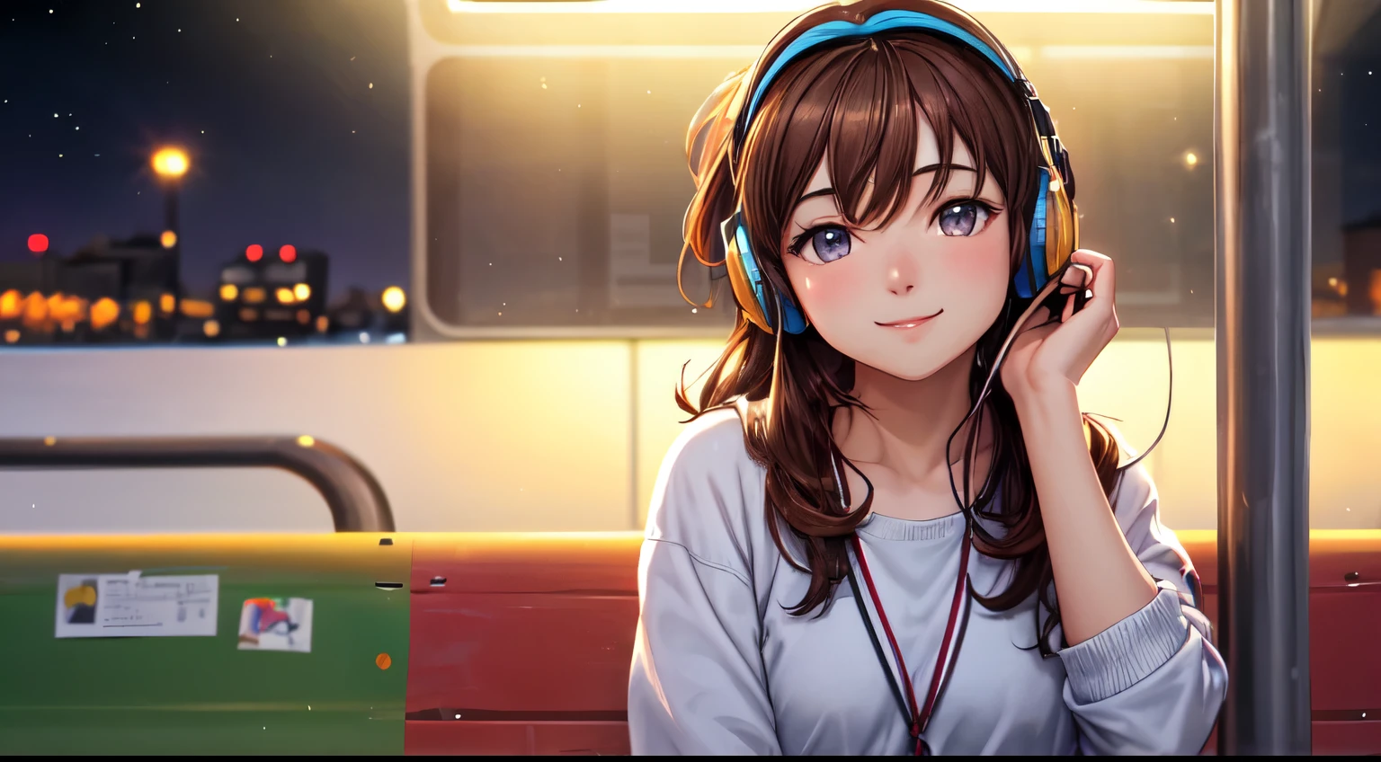 (highest quality,masterpiece:1.2),be familiar with,perfect face,brown hair,Girl listening to music,have her phone,sitting at the bus stop,2D anime style,figure,soft lighting,Bright colors,Sparkling ornaments,night,peaceful atmosphere,Cozy background,expressive eyes,gentle smile,flowing hair,Headphones On,bright eyes,Likeable character、ponytail hair