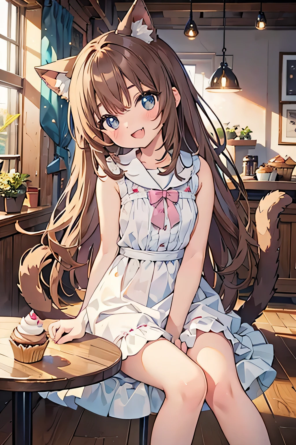 (masterpiece), indoors, bakery, cupcake, sitting, table, head tilt, looking at the viewer, sunlight, 1 girl, blush, smile, open your mouth, tooth, Cat ear, tail, long hair, light brown hair