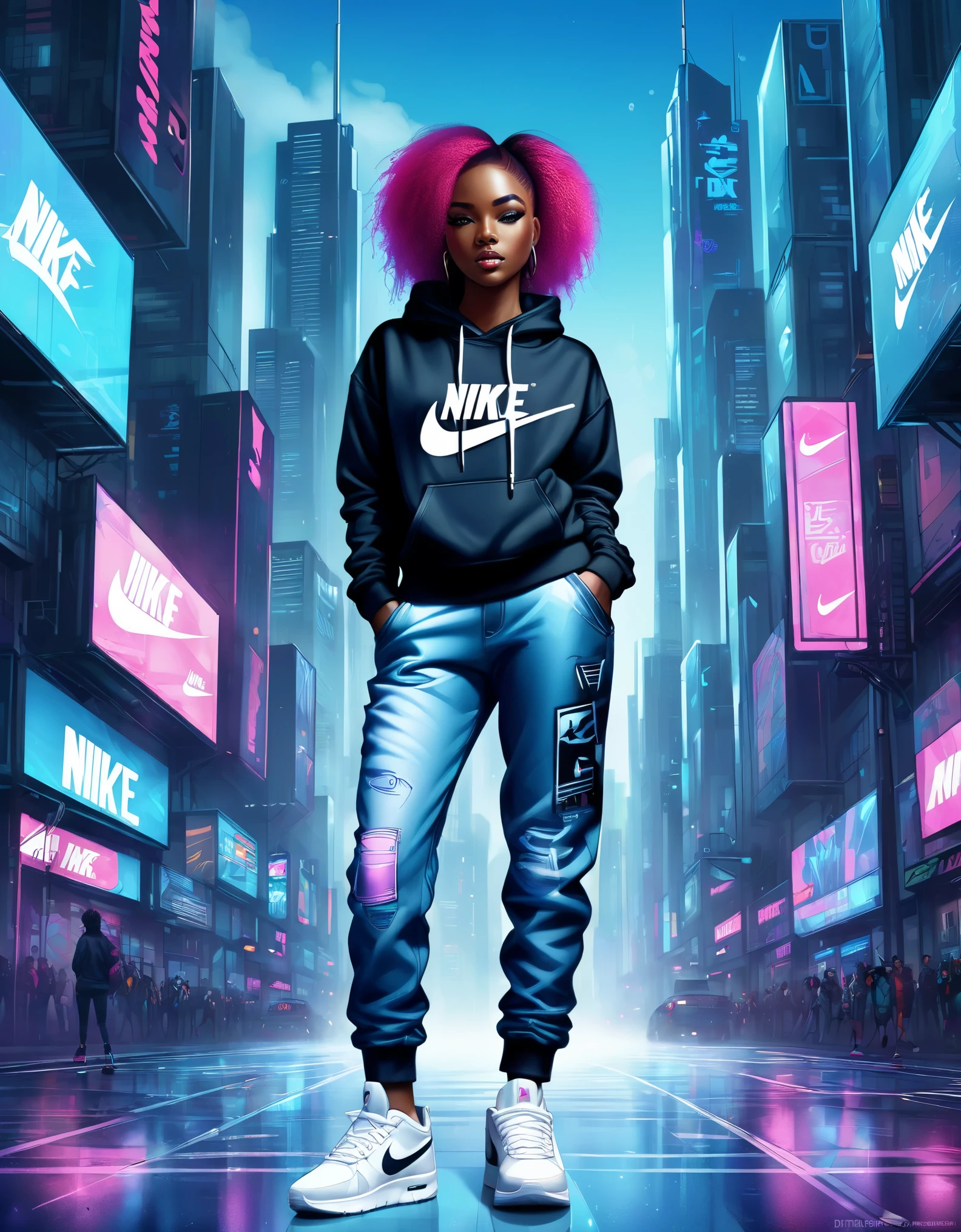 A rapper, black girl, cute, hoddie sweat-shirt, pants (blue jeans) and Nike shoes cyberpunk city background, Centered image, sharp focus,award winning, art by Ranix8404 and Anna Dittmann