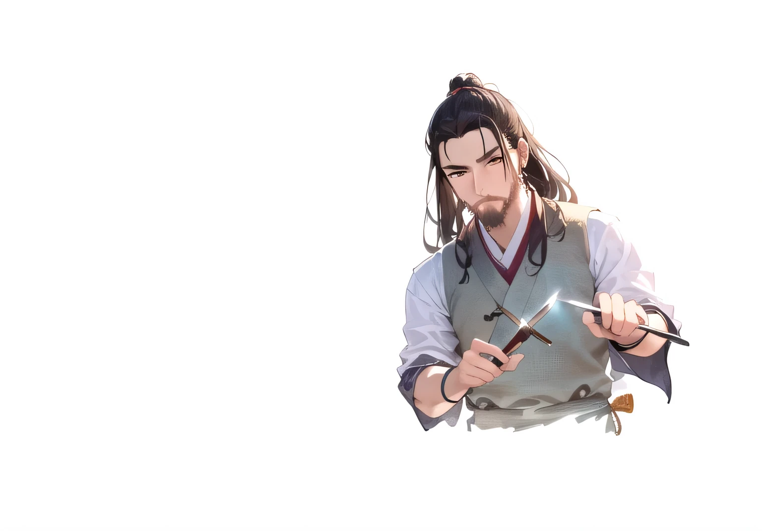 There was a bearded man holding a knife and a knife, inspired by Wu Daozi, Inspired by Cao Zhibai, inspired by Huang Gongwang, Inspired by Zhu Derun, Inspired by Wang Mian, Inspired by Dong Yuan, inspired by Li Gonglin, inspired by Zhao Mengfu, Inspired by Cao Buxing