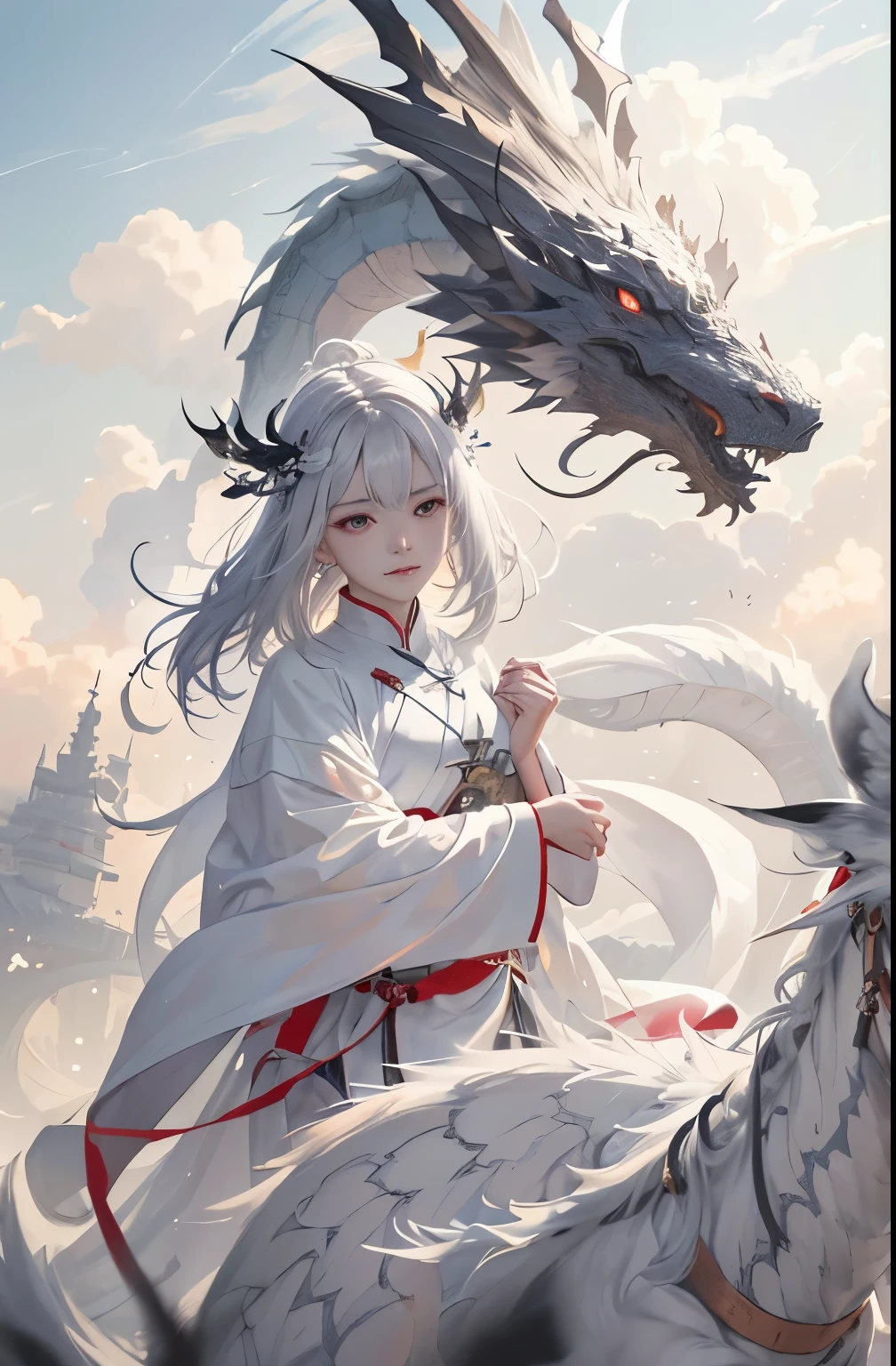 black dragon、beautiful turd、cloud、fly through the air、 art station, poster, Volumetric lighting, The facial details are particularly rich, 4k wallpaper, Silver-haired girl, short straight hair, Dynamic perspective,, White gauze flying, Sexy, Chinese traditional ink painting, cloud雾缭绕, mystery, black dragon、Ride the dragon's head, Moonlight night
