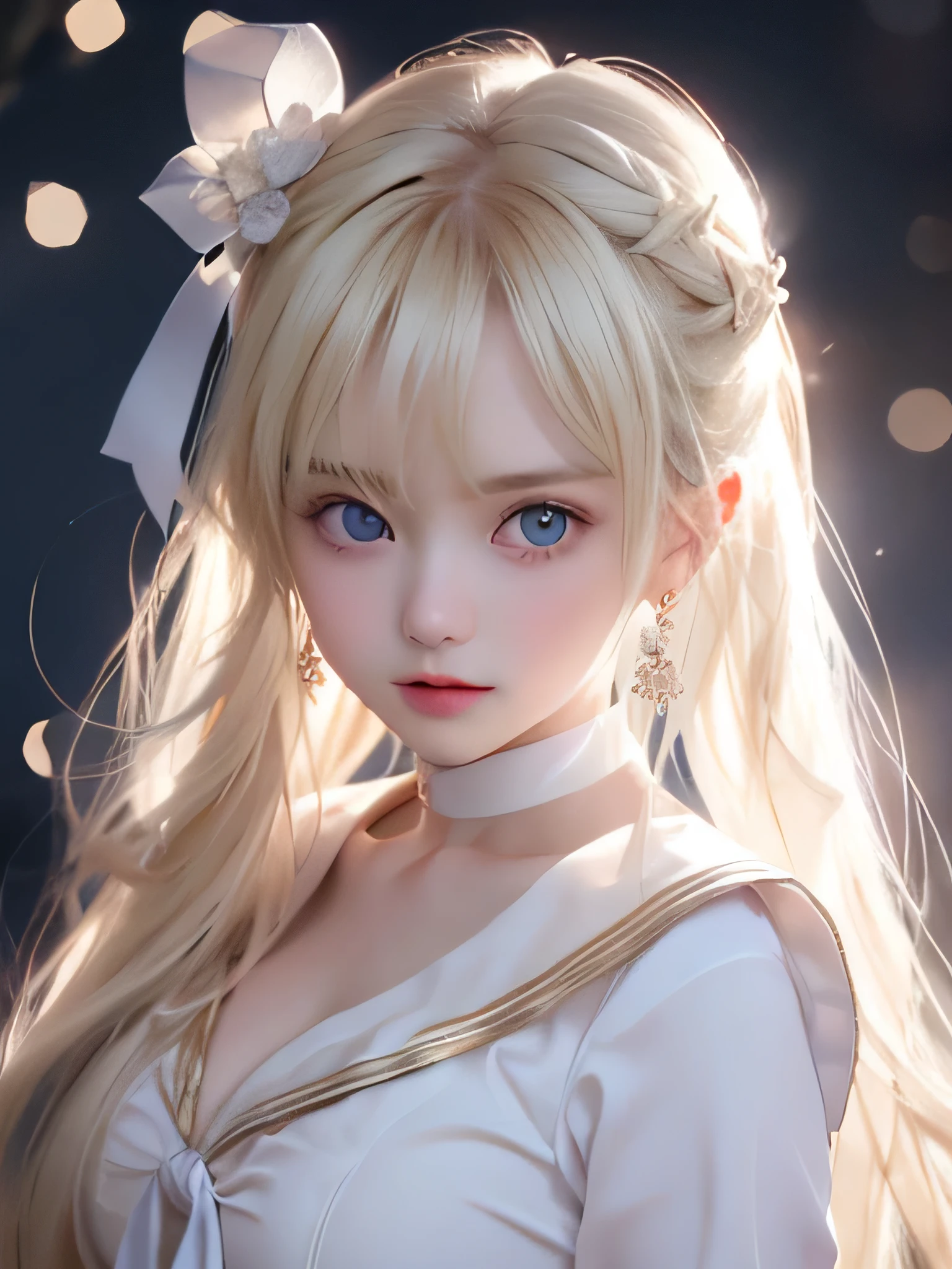 O cup 、show your chest、silky shiny skin、Sexy and very beautiful lovely cute gorgeous face、gorgeous blonde silky hair、big fancy pale blue eyes、Bangs swaying in front of the face、beautiful and cute  girl、、sailor suit、big and full breasts、skin as white as snow,ponytail、