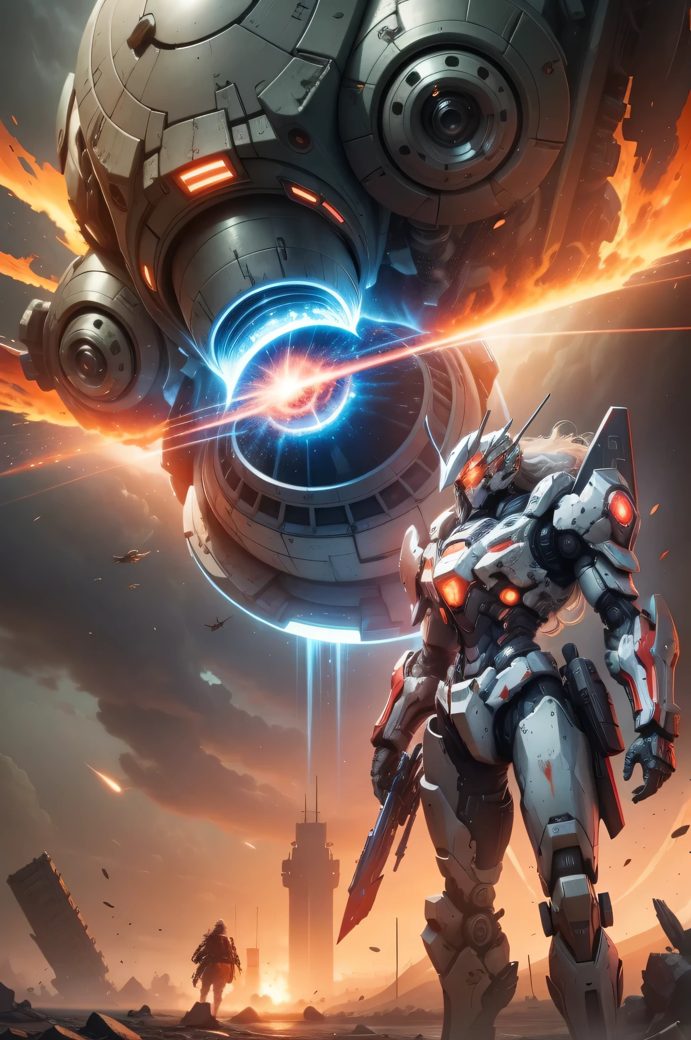 Look up at the perspective,(Digital artwork:1.3)(a sketch:1.1)Octane renders a wasteland,Swirling thick clouds,smog,Flying machines in the sky fierce battle,weed,Dilapidated houseacadam,Sunset,in crimson red,((A girl in a combat uniform stood in front of the badly damaged and broken mech)),((The girl's long messy hair fluttered,Blood,Close-up of the)),(Stubborn),(Steadfast),(There is blood at the corner of the mouth),(Messy long hair flying),(((The mech was spattered with blood))),(Mars splashes),((Broken upper body mech,Dropped mech fragments)),(Exposed wireecha is depicted finely)),(((ultra fine))),Shoot at 8K resolution,Gasoline liquid,firelight,Missiles streaked across the sky,weedacadam,exploding,splash arts,((Dynamic speed lines:1.2)),Lithography in intricate details,dongh(Light particles:1.2),(game concept:1.3),(deep of field:1.3),Global illumination,well detailed,Trends on ArtStation,Epic shooting,Cinematic lighting