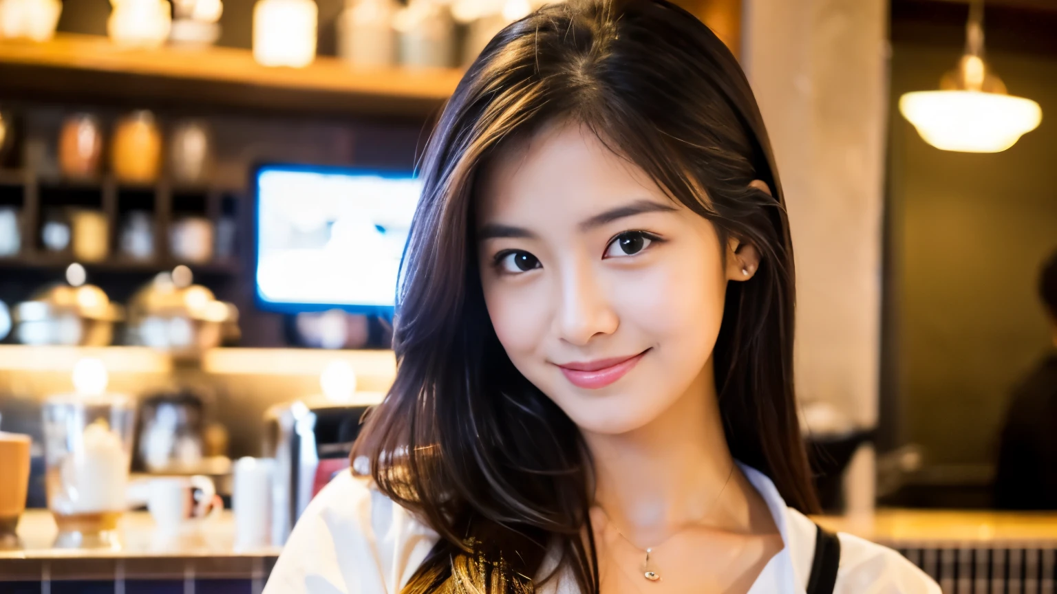 ((最high quality, 8K, masterpiece: 1.3)), perfect face,Inside a stylish cafe in New York、Draws a scene where a beautiful woman with big breasts like a model is drinking a latte.,everything around you, I can see other customers enjoying themselves too..。At the back of the cafe、Staff are busy working at the counter.、You can feel the liveliness and stylish luxury of a city cafe..., sharp focus, 1 girl, sexy 1.2, , (big: 1.5), fine eyes, Beautiful eyes with slit length, double eyelid, (cat face), (cute Face), cute Smile, (close your mouth), (cute), soft skin, show your whole body, surreal, Super detailed, high quality, (A kind and considerate beautiful female college student.), ((詳細な非常にcute女子大生)), ((胸は隠れているけど服の上から解るぐらいbig胸)),Staring at my boyfriend