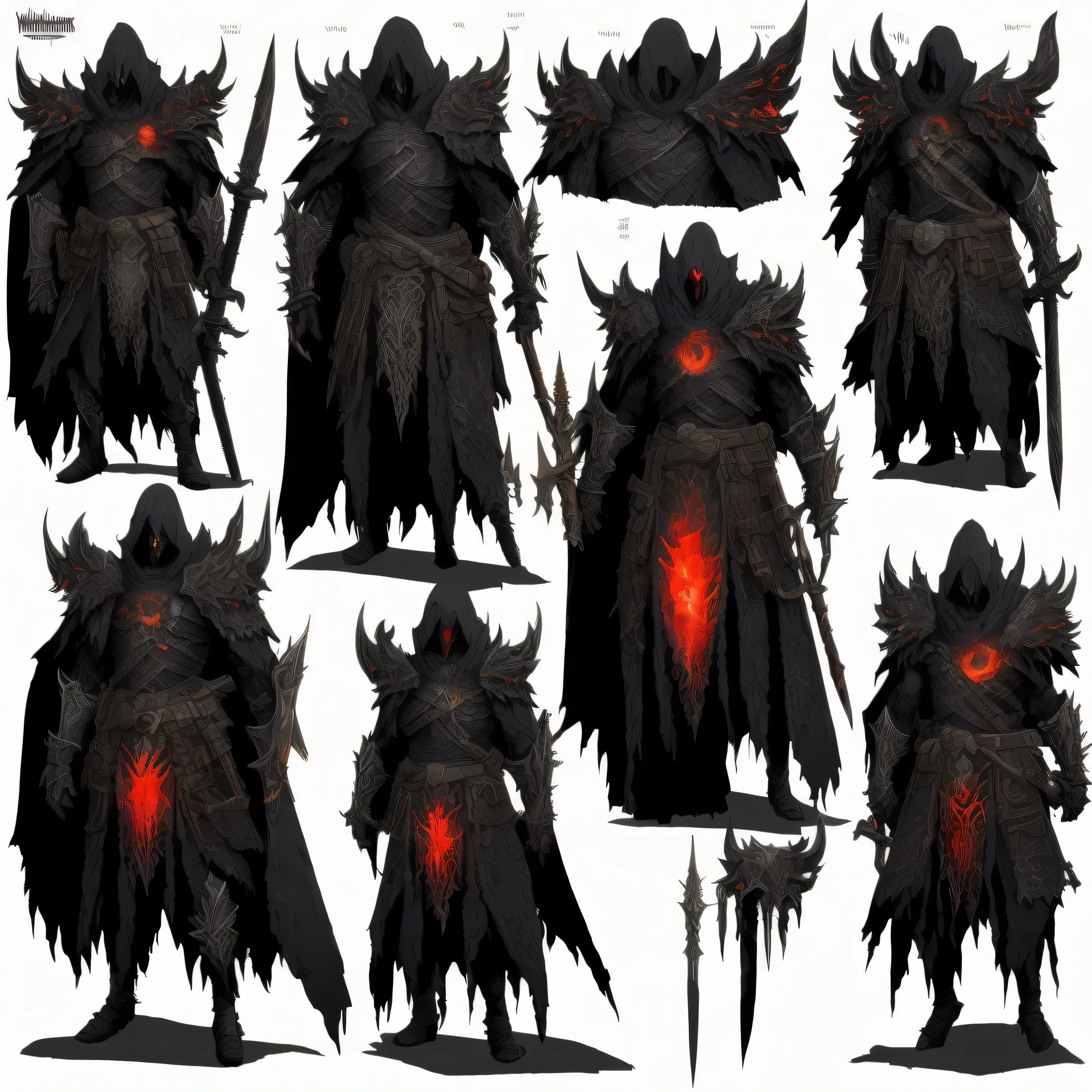 Design de personagem consistente: Develop a digital illustration of a medieval warrior in a dark and mysterious landscape. The warrior is wearing sinister black armor, which appears to be a mix of metal and cursed energy. The armor is adorned with dark, intricate patterns, that appear to have been carved by demonic hands. Emite uma aura escura e pulsante, creating a sense of mystery and danger around him.Design de personagem consistente: Os olhos do guerreiro brilham com um fogo sobrenatural, emitting an intense red light that seems to pierce the darkness of the landscape. These flaming eyes reflect the presence of a supernatural entity within the armor., suggesting a sinister connection between the warrior and dark forces.Design de personagem consistente: The surface of the armor is uneven and rough, with textures that resemble demon skin. Menacing details like sharp spikes and carved skulls adorn the armor, reinforcing its dark and cursed nature. Ancient curse symbols are engraved throughout the armor., evoking a sense of ancient terror.Design de personagem consistente: Na paisagem circundante, dancing shadows move inexplicably, criando uma atmosfera de suspense e desconforto. Dark, ominous smoke rises from the ground, wrapping the warrior in a dark veil that obscures his form and intentions.Design de personagem consistente: The color of the armor varies between deep black, roxo escuro, e vermelho sangue, creating a spectral and menacing appearance. A luz da lua cheia brilha sobre a cena, casting a pale, eerie glow over the warrior and the dark landscape around him.Design de personagem consistente: Repeat each feature twice to ensure the image AI captures every detail and nuance of the scene, creating a visually accurate and evocative representation of the warrior and his cursed armor in the dark landscape."