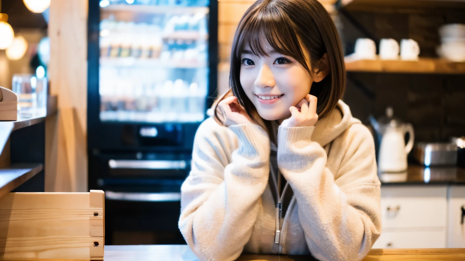 (8K, Raw photo, highest quality, masterpiece:1.2), (realistic, photo-realistic:1.4), (Highly detailed 8K wallpaper), perfect female body, famous japanese idol, 20 year old girl, japanese model, medium short hair, messy hair, light brown hair, hoodie,inside a stylish cafe, I can see other customers enjoying themselves too.。At the back of the cafe、Staff are busy working at the counter。
