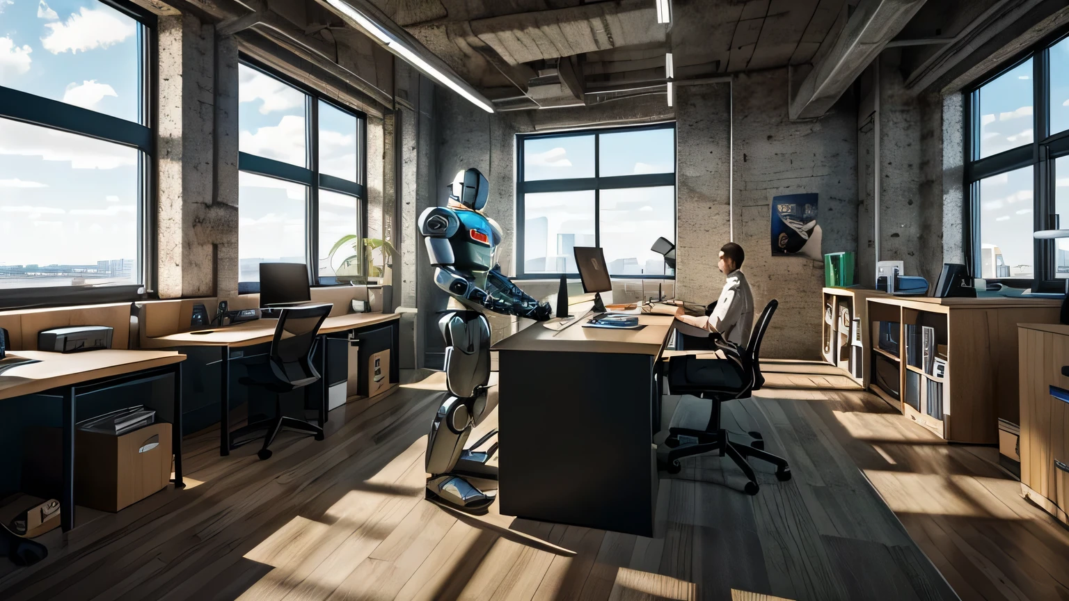 Absurd decision, A high resolution, (masterpiece: 1.4), hyper detail, Android robot working in the office, emphasis on works, robot develops a new program, loft-style office with large panoramic windows, cold light