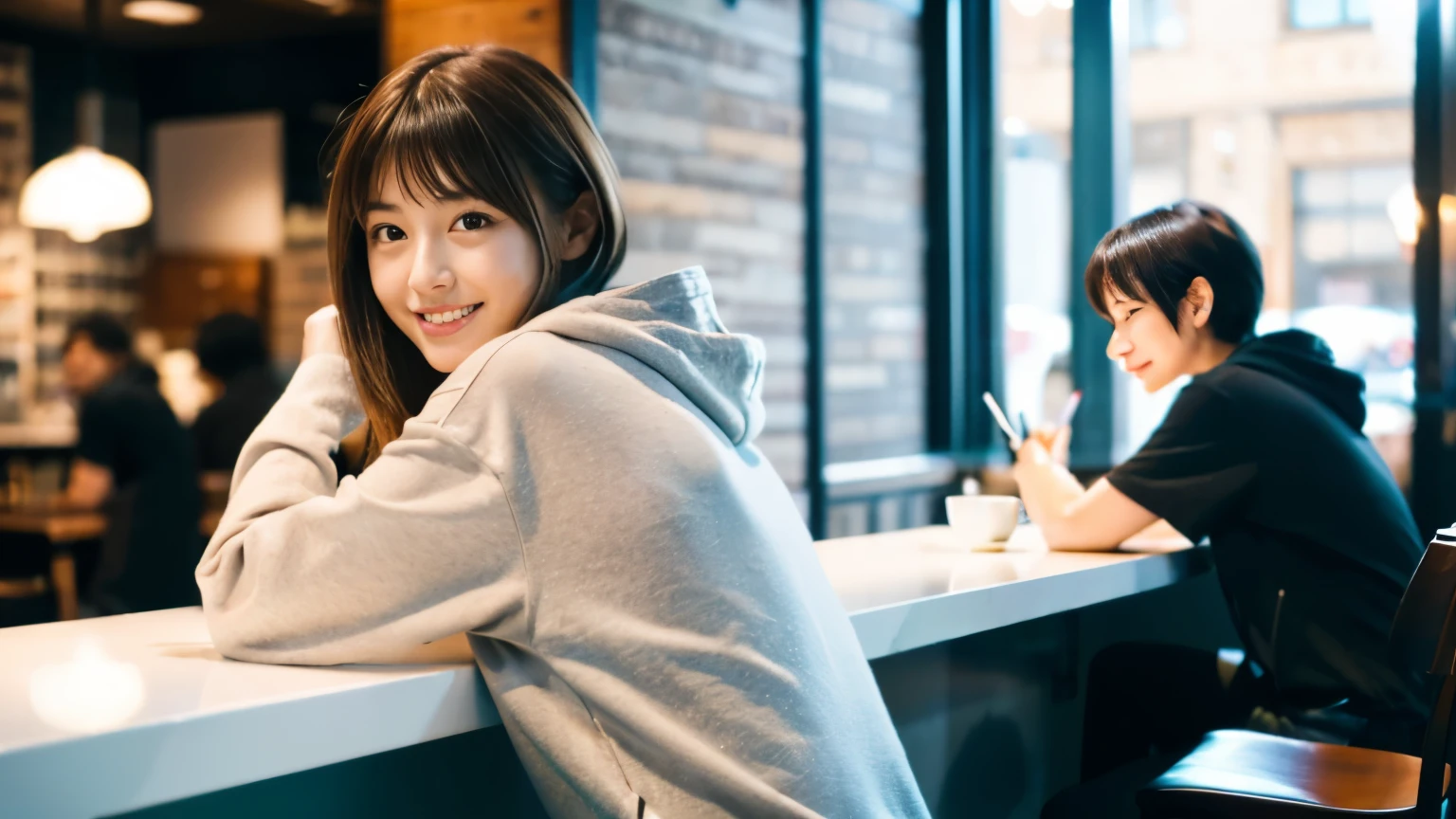 (8K, Raw photo, highest quality, masterpiece:1.2), (realistic, photo-realistic:1.4), (Highly detailed 8K wallpaper), perfect female body, famous japanese idol, 20 year old girl,  japanese model, medium short hair, messy hair, light brown hair, hoodie,inside a stylish cafe, I can see other customers enjoying themselves too.。At the back of the cafe、Staff are busy working at the counter。