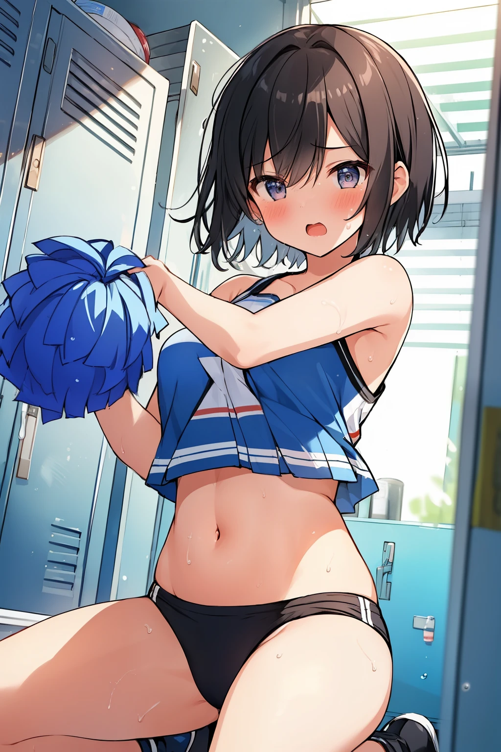 ((( masterpiece, highest quality))), ((girl)),、NSFW、at close range、squat、from below、orgasm、acme、The feeling of climax、drunk eyes、cute、black hair、short hair、low ponytail、cheerleader costume、belly button、Life、anger、anger look、anger、((close)), ((flushed)),,,Sweat、perfect lighting、Natural light、perfect composition、locker room、dark room