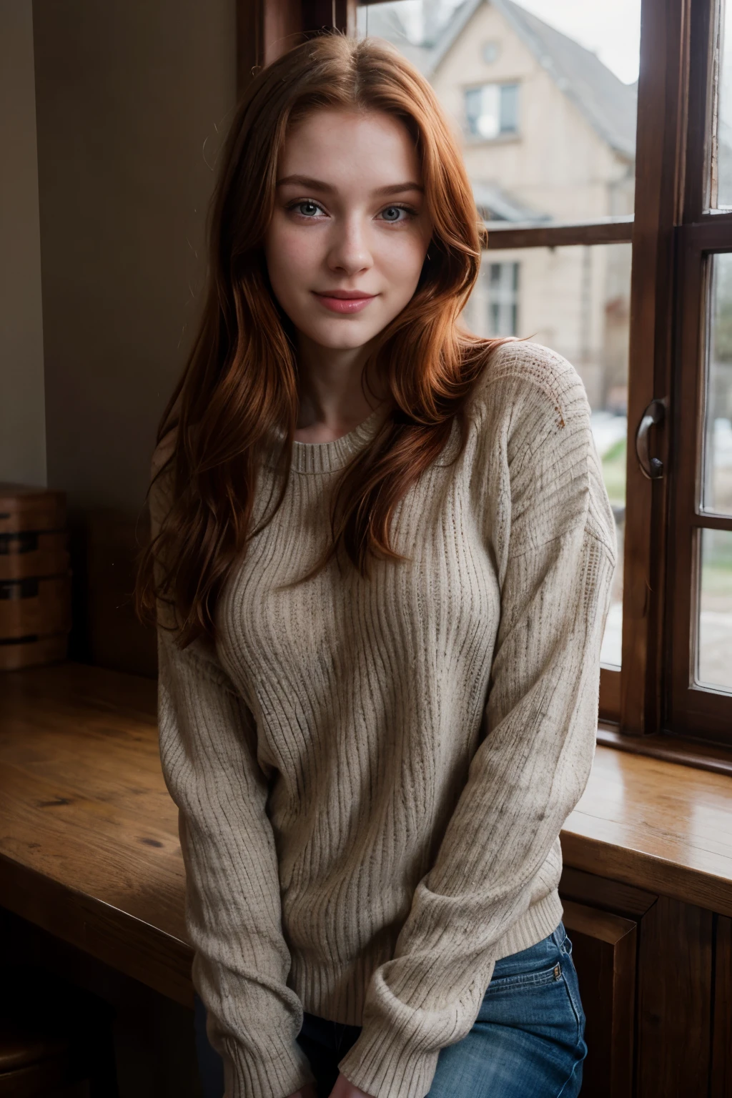 Photo of an Irish girl 20 years old, medium length red hair, honey colored eyes, detailed eyes, pale skin, look confident, everyday, interior, with an air of superiority, gray sweater, cowboy, posing for the camera, realistic photography, Big , They are smiling, Beautiful face, Beautiful face, young, ,