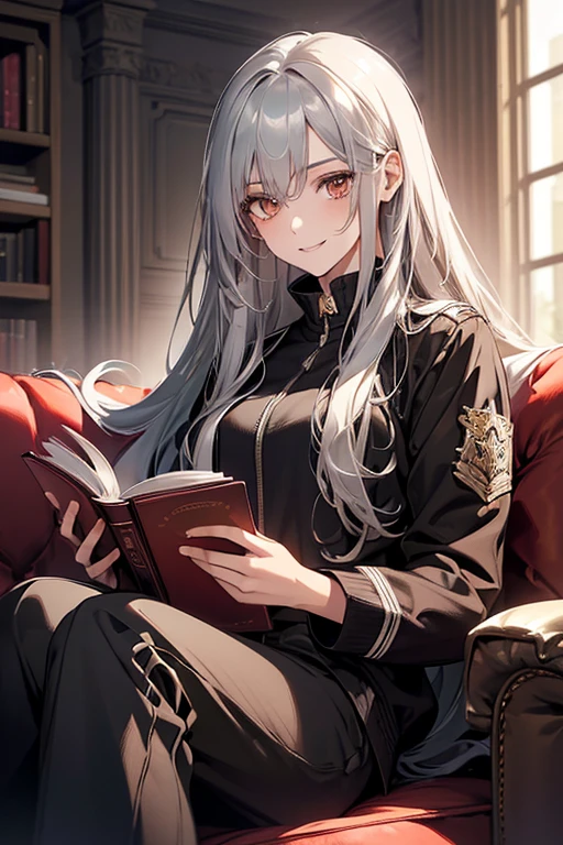 (best quality,high resolution,ultra-detailed),1girl,(long silver hair:1.1,long hair),beautiful detailed eyes,(reddish-brown eyes:1.1),black pilot jacket,pants style,20s,beauty,smiling,slender,calm,peaceful,sitting on the sofa,reading a book.