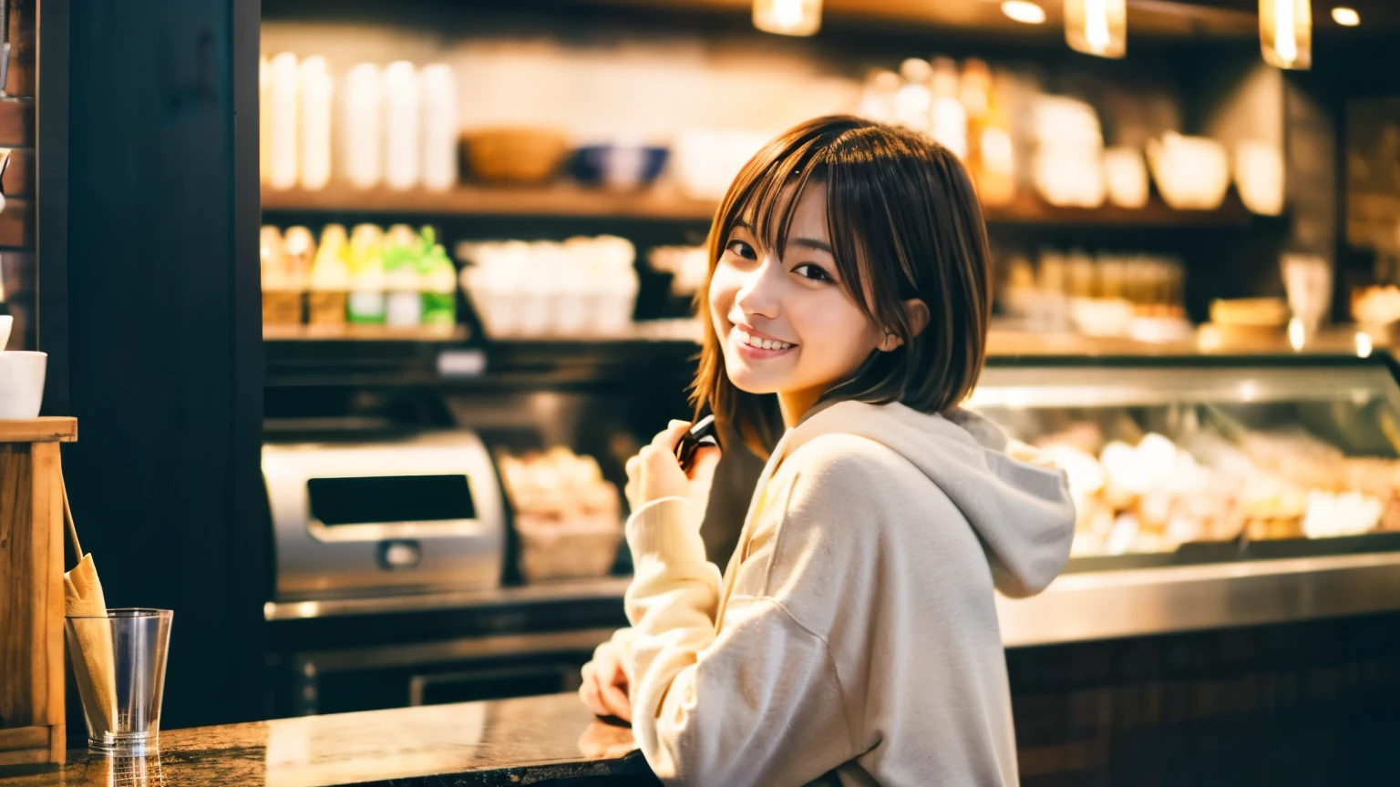 (8K, Raw photo, highest quality, masterpiece:1.2), (realistic, photo-realistic:1.4), (Highly detailed 8K wallpaper), perfect female body, famous japanese idol, 20 year old girl,  japanese model, medium short hair, messy hair, light brown hair, hoodie,inside a stylish cafe, I can see other customers enjoying themselves too.。At the back of the cafe、Staff are busy working at the counter。