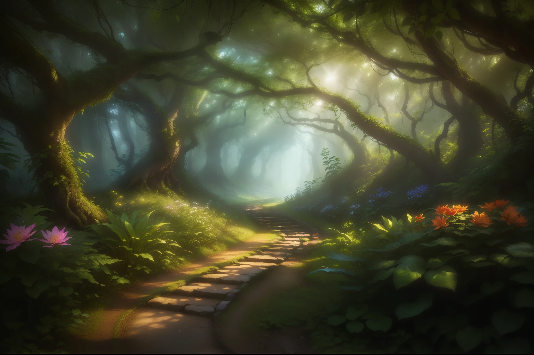 (masterpiece, best quality, Super detailed:1.2), Close-up of a path in the jungle with trees and flowers, Magical fantasy forest, mysterious, sunshine, fair, fairy tale, Lush, actual, high resolution, ultra high definition, 8K