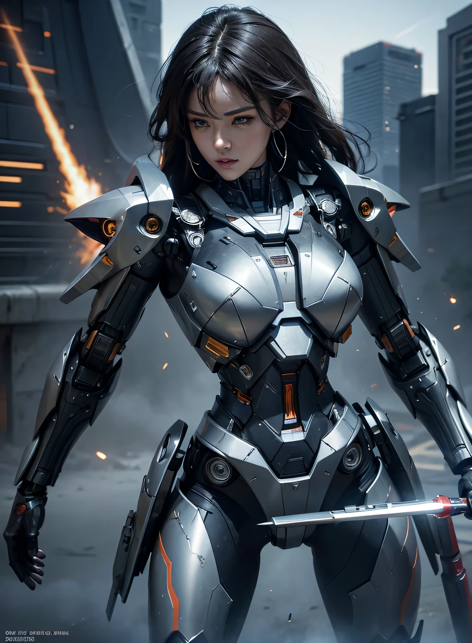 Textured skin, Super Detail, high details, High quality, Best Quality, hight resolution, 1080p, hard disk, Beautiful,(cyborgs),(Missiles from the chest),(Machine gun from both hands),beautiful cyborg woman,Mecha Cyborg Girl,Battle Mode,Girl with a Mecha Body,She wears a battle cyborg mech with a weapon,Fulll body Shot