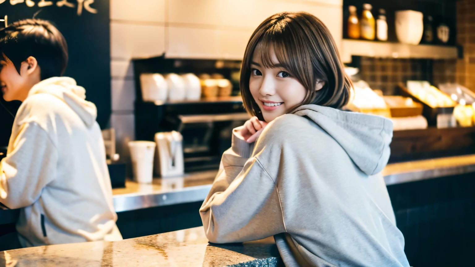 (8K, Raw photo, highest quality, masterpiece:1.2), (realistic, photo-realistic:1.4), (Highly detailed 8K wallpaper), perfect female body, famous japanese idol, 20 year old girl,  japanese model, medium short hair, messy hair, light brown hair, hoodie,inside a stylish cafe, I can see other customers enjoying themselves too.。At the back of the cafe、Staff are busy working at the counter。
