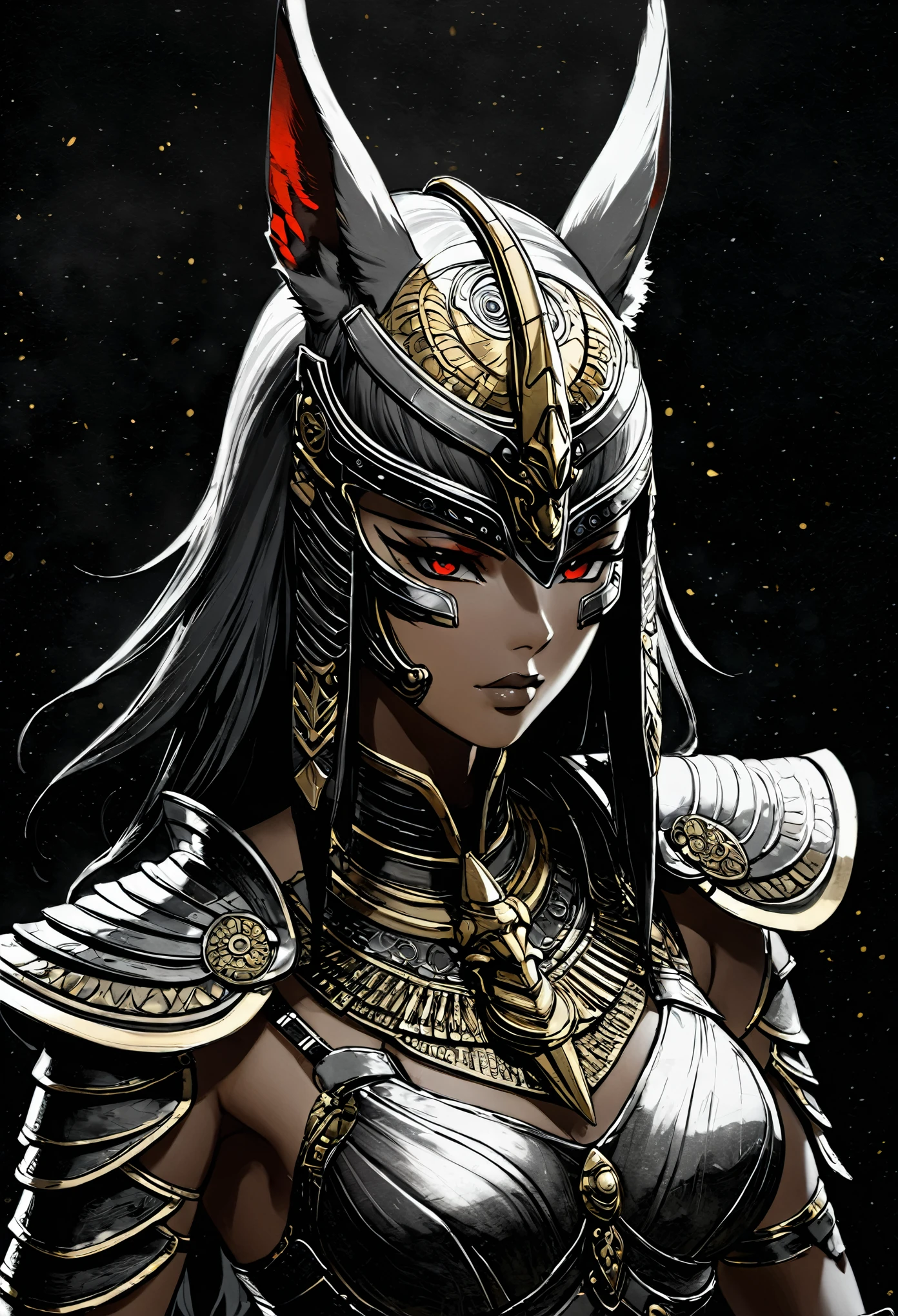 There is a piece of digital art, 这幅画描绘的是一只有着金色头和角的少女warrior, Film Still，unfinished, hatching (texture)，black battlefield background，natural lighting，black skin，Dark atmosphere，Full body portrait of dragoon, Mysterious Anubis and Valkyrie, Super detailed fantasy characters, Robot dragon portrait, Balanced coloring of black, white and red，Sleipnir&#39;s photo, ghost of anubis, 4K details fantasy, Polaroid Counting Trends, zbrush contest winner, Draw with zbrush, zbrush central contest winner, warrior, (The whole body is covered with blood:1.2)