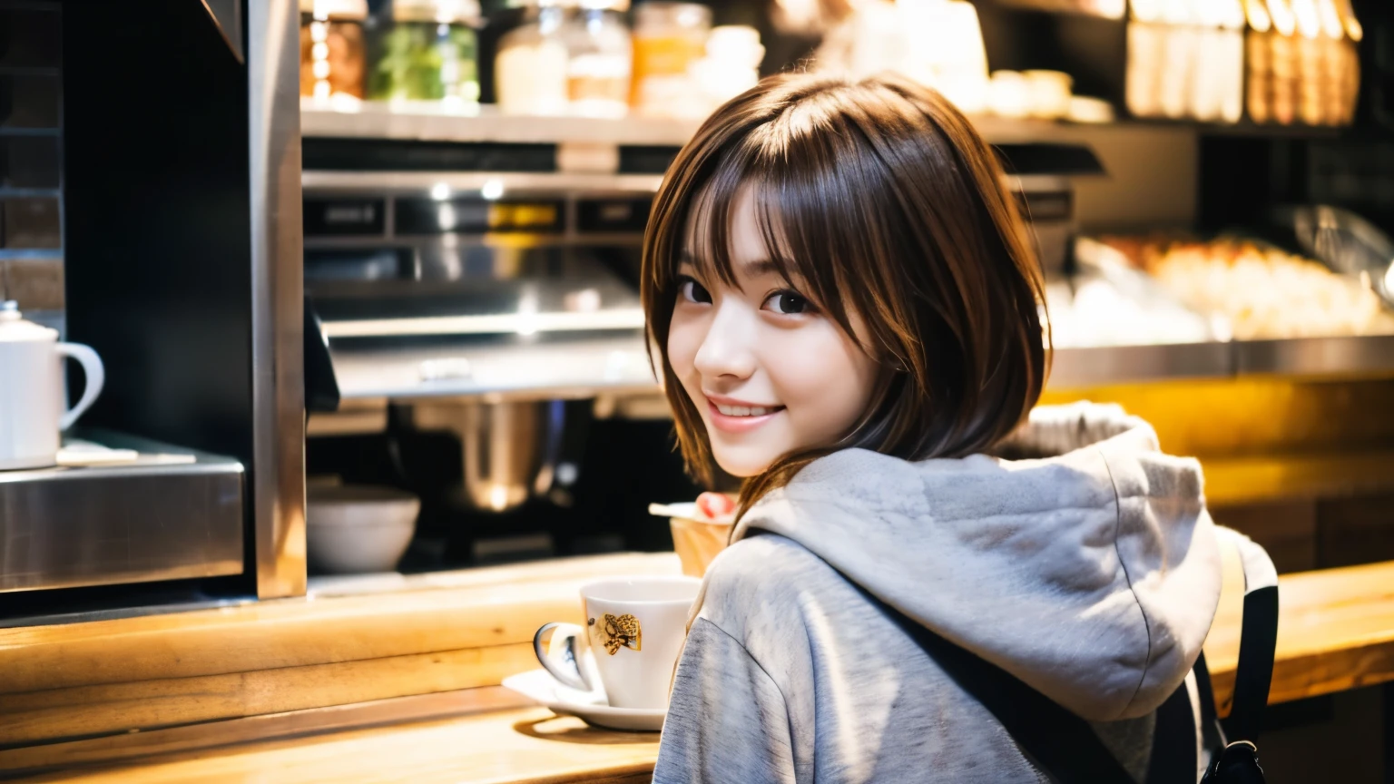 (8K, Raw photo, highest quality, masterpiece:1.2), (realistic, photo-realistic:1.4), (Highly detailed 8K wallpaper), perfect female body, famous japanese idol, 20 year old girl, japanese model, medium short hair, messy hair, light brown hair, hoodie,inside a stylish cafe, I can see other customers enjoying themselves too.。At the back of the cafe、Staff are busy working at the counter。