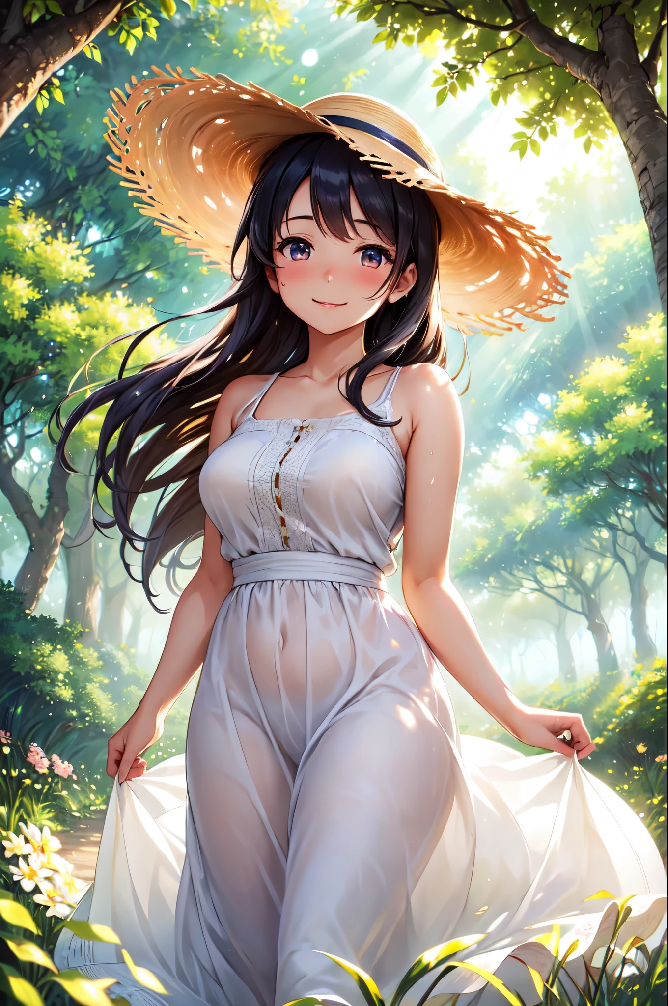(High quality, High resolution, Fine details), woman in straw hat walking down tree-lined avenue, elegant straw hat, flowing dress, gentle sunlight, rays of light piercing through branches, sunlit path, vibrant nature, soft breeze, solo, curvy women, sparkling eyes, (Detailed eyes:1.2), smile, blush, Sweat, Oily skin, shallow depth of field