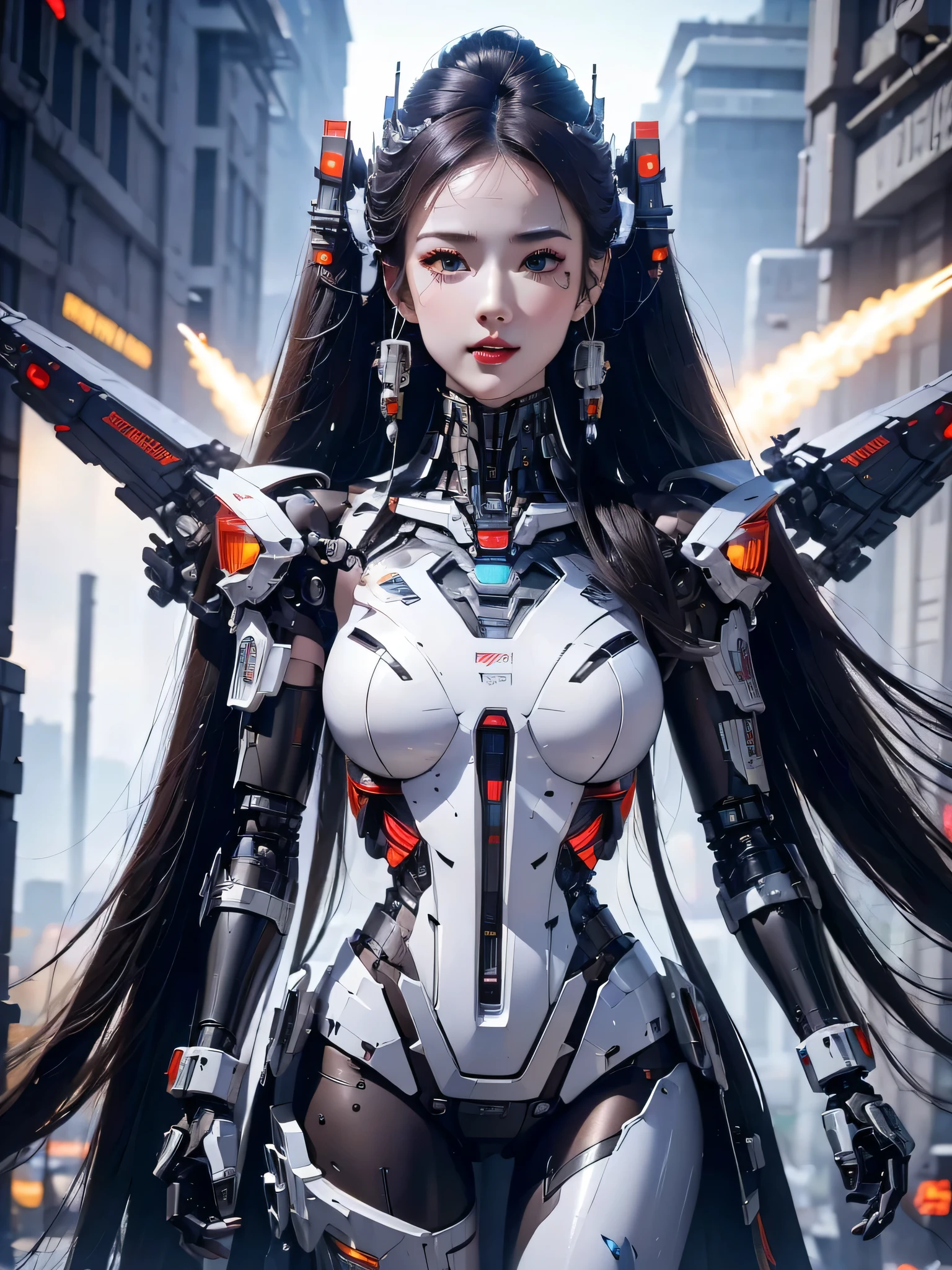 Super detailed, advanced details, high quality, 最high quality, High resolution, 1080P, hard disk, beautiful,(cyborg),(Missiles from the chest),beautifulcyborg woman,mech cyborg girl,battle mode,Mecha body girl,She wears a battle cyborg mech with weapons,full body shot