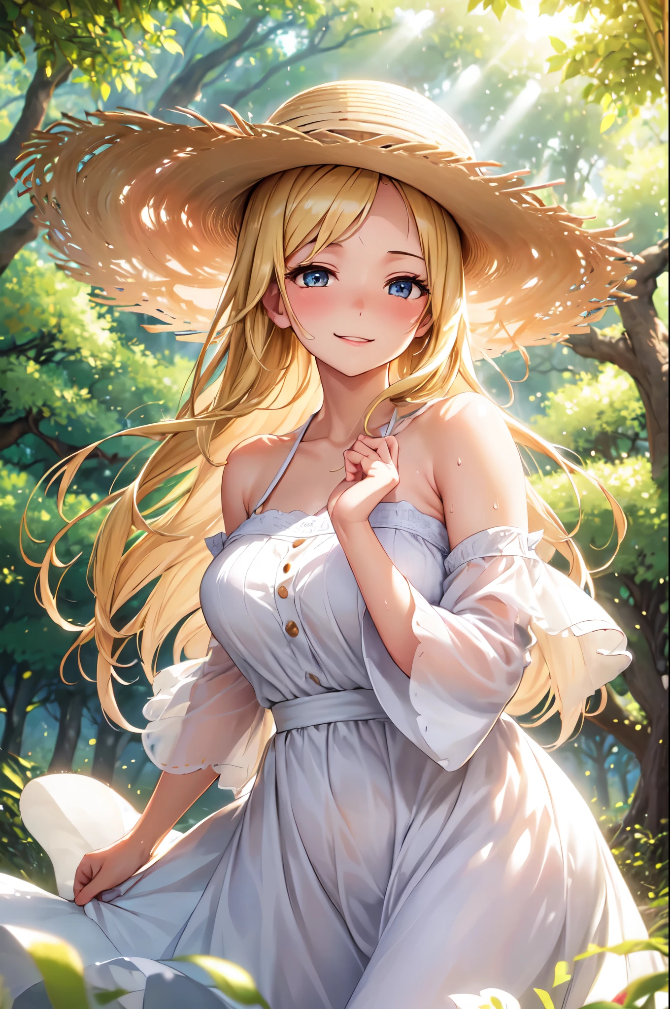 1girl in, 30 years old, Square face, Long hair, Looking at viewer, jewelry, Reality, Sexy, in a flowing A-line, floral dress complemented by a wide-brimmed hat, in a picturesque park or botanical garden