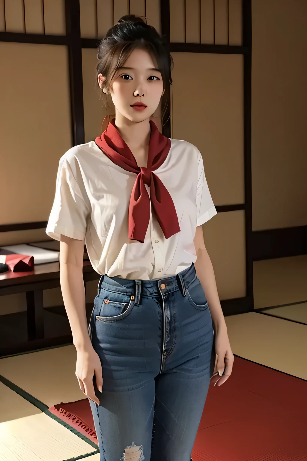 Japanese style room,girl,red silk short scarf,white shirt,whole body,jeans,bow knot,tatami,bright background