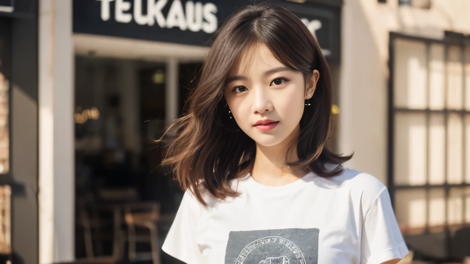 highest quality, Instagram, bright lighting, T-shirt, oversized T-shirt, graphic T-shirt, logo design T-shirt, heavyweight T-shirt, (at the cafe), stylish cafe, Highly detailed face and skin texture, delicate eyes, double eyelid, Whitening skin, (round face: 1.5), short hair, short twin tails