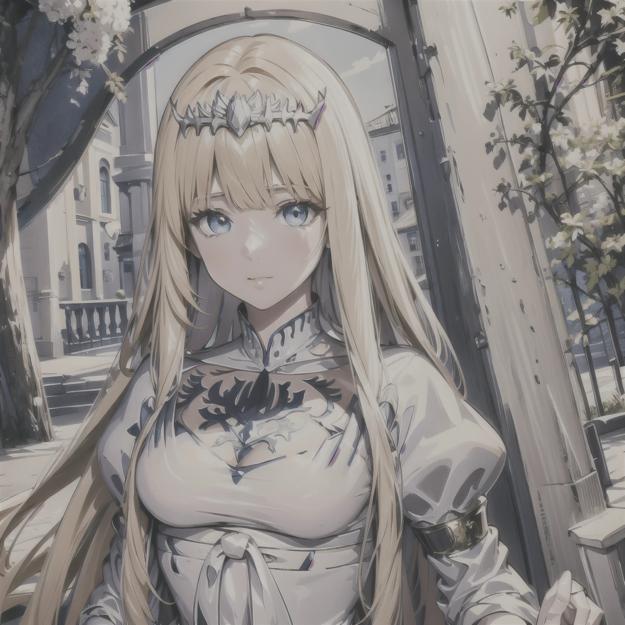 Masterpiece, Best Quality, Official Art, Beautiful, Lively Textures, Unique Visuals, Spectacular Details, Very Detailed CG, Solidarity Cooperation, 8K Wallpapers, Extremely Beautiful Eyes, Best Quality, Details First, Super Delicate, High Quality, 1girl,solo, Calca, Calca Bessarez, blonde hair, extremely long hair, very long hair, white tiara, silver tiara, white dress, blue eyes, medium chest