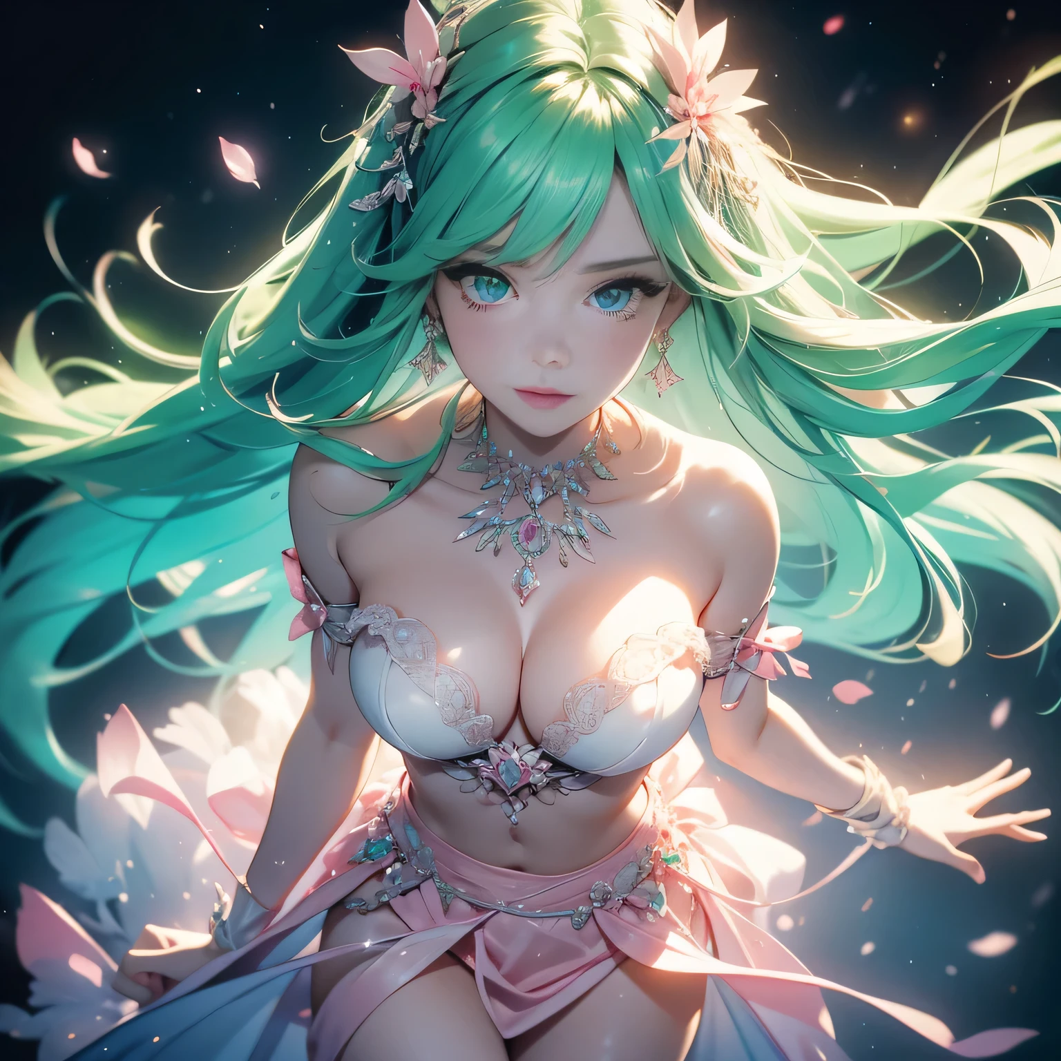 topless,vulgar,high angle,From above,((1 girl, Showing beautiful medium pink nipples)), ((masterpiece, highest resolution)), (beautiful illustrations),(Beautiful medium-long silver-green hair),(looking at the viewer),innocent smile,cinematic lighting,(elegant pink skirt,elegant white panties),White over-kneehighs,lace chalk, Wristband, diamond necklace,Wristband, white fingerless gloves, earrings,Day,beautiful flower park