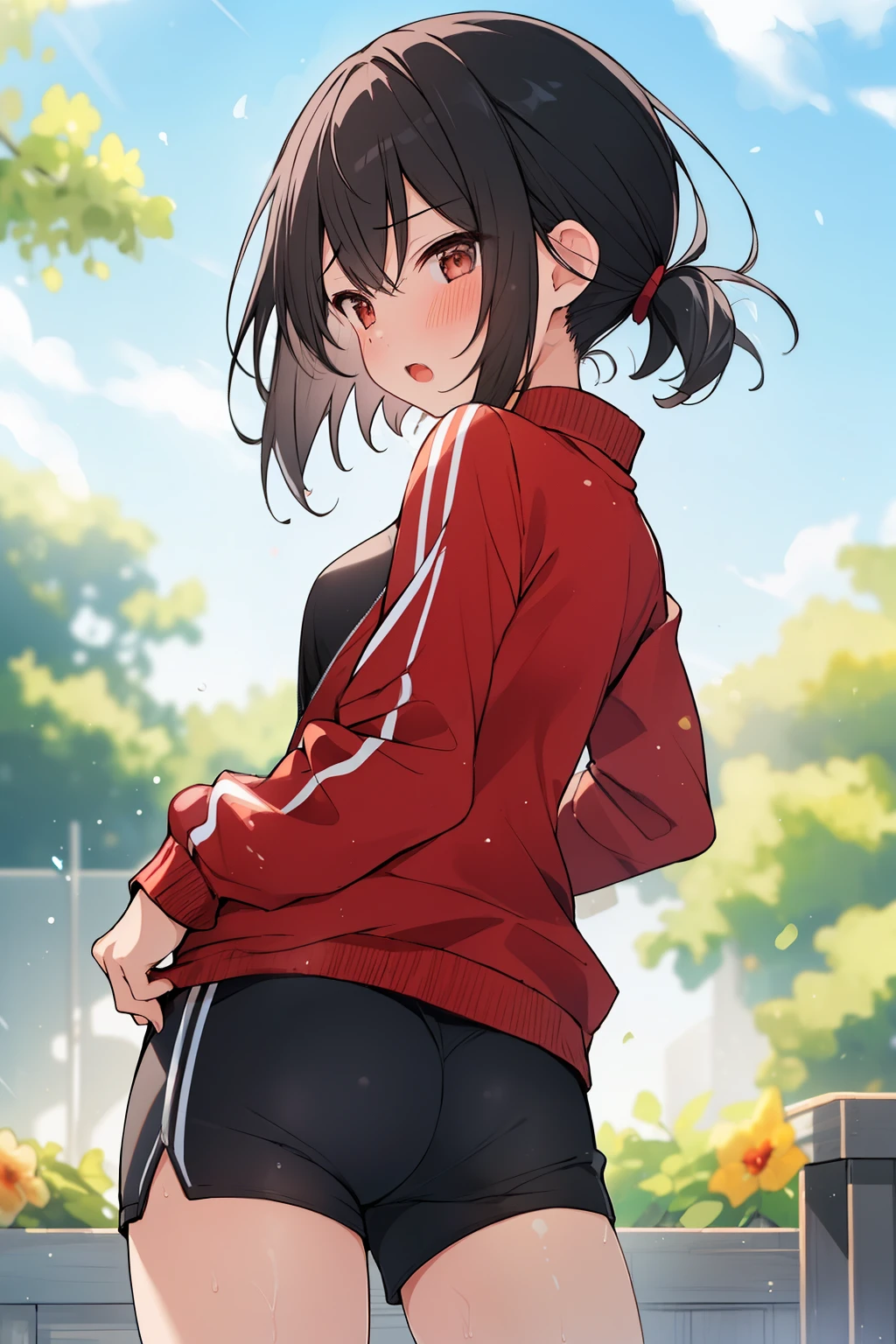 ((( masterpiece, highest quality))), ((girl)),、NSFW、at close range、from below、back view、butt、orgasm、acme、The feeling of climax、drunk eyes、cute、black hair、short hair、low ponytail、(stylish tracksuit long sleeve/) /open jacket、(sports shorts/)、、Life、anger、anger look、anger、((close)), ((flushed)),,,Sweat、perfect lighting、Natural light、perfect composition、garden