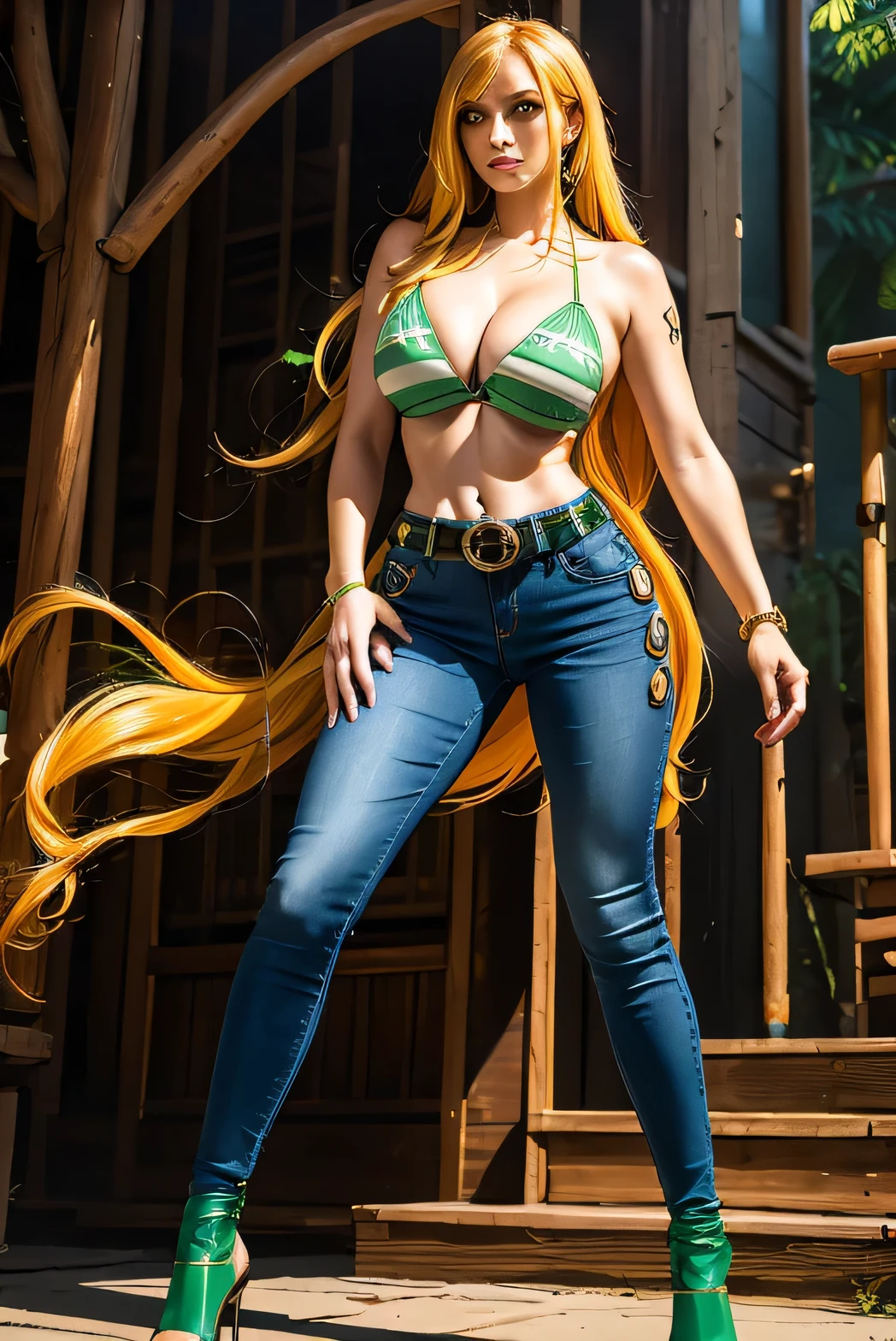 Mujer alta con grandes pechos y ojos marrones., long eyelashes and long chrome yellow hair, wearing a single green bra and long denim pants underneath and wearing a black belt and wearing a green high heel.
