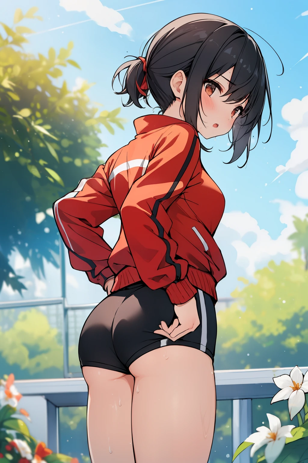 ((( masterpiece, highest quality))), ((girl)),、NSFW、at close range:1.5、from below、back view、butt、、cute、black hair、short hair、low ponytail、(stylish tracksuit long sleeve/) /open jacket、(sports shorts/)、、Life、anger、anger look、anger、((close)), ((flushed)),,,Sweat、perfect lighting、Natural light、perfect composition、garden