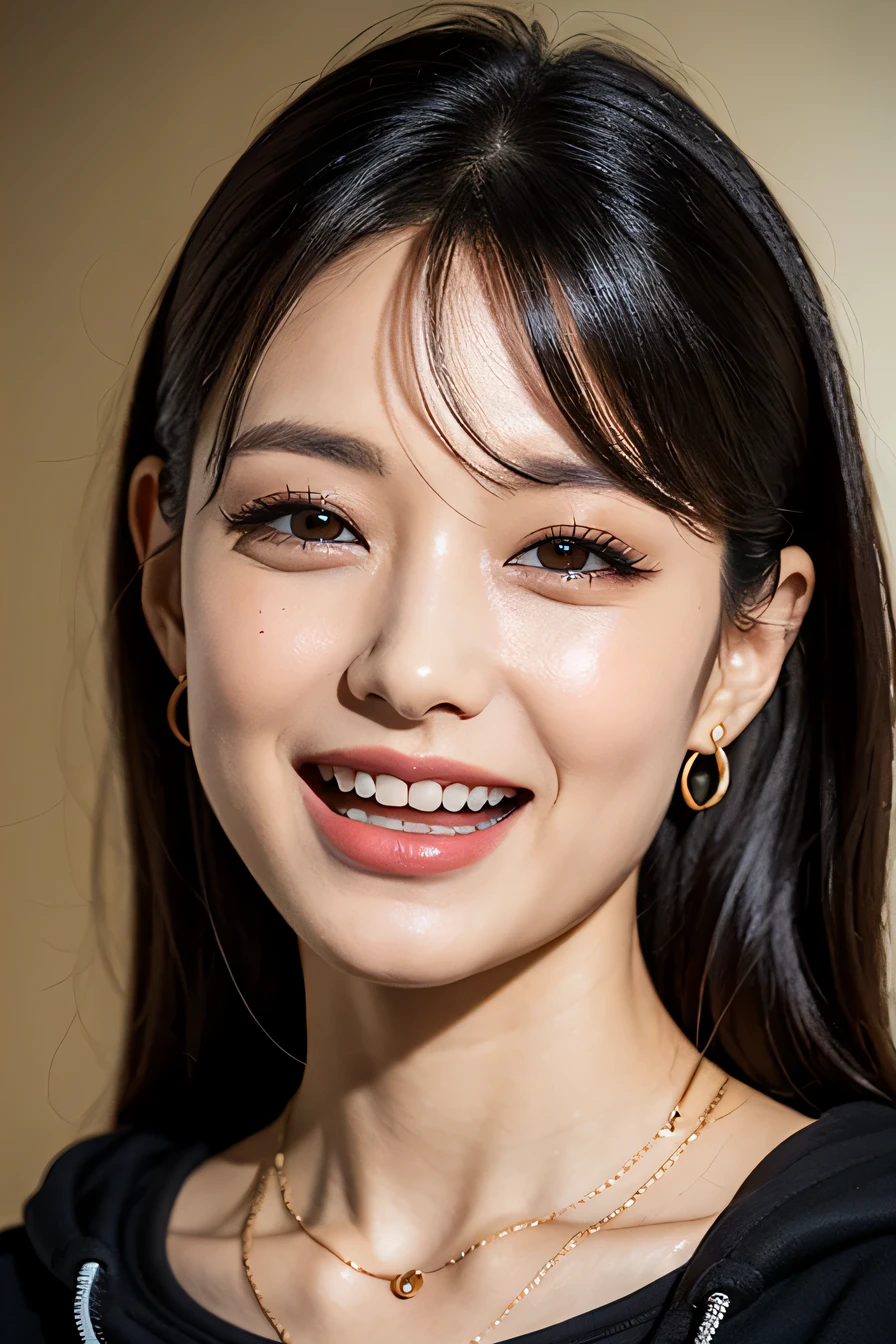 clear woman, cute, super detailed human face, 長いblack hair, fringe, highly detailed brown eyes, highly detailed teeth, white teeth, wearing a hoodie, city、 amazing details, Canon 5DM4, film stock photography, F1.6 lenses, realistic texture, unreal engine, photorealist,black hair、dark eyeliner、ear piercing、necklace around neck、beautiful teeth、Hairstyle Long