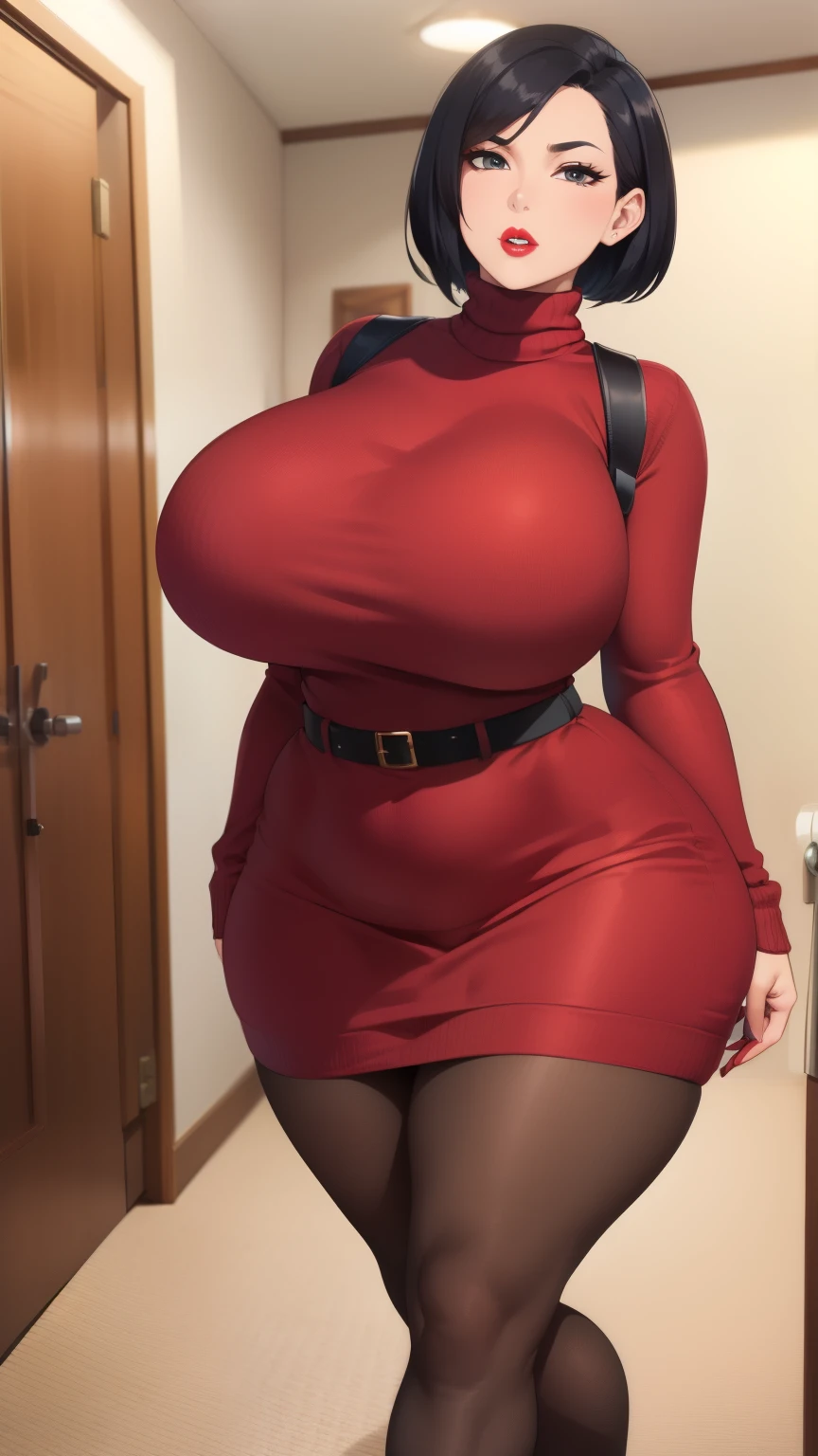 won is here, (((Last))), black hair, short hair, perfect face, perfect eyes, looking at the viewer, swollen lips, thick lips, wide hips, thick thighs, Longing face, huge natural breasts, mature mom, indoors, modern interior, fake breasts, asian women, there is a sweater, red sweater, sweater dress, turtleneck, Harness, pantyhose, black eye, looking at the viewer, big breasts, parted lips, red lips, lipstick, holster, belt, mature woman, full body shot, Strong lower body, strong legs,strong calves,plump body,
