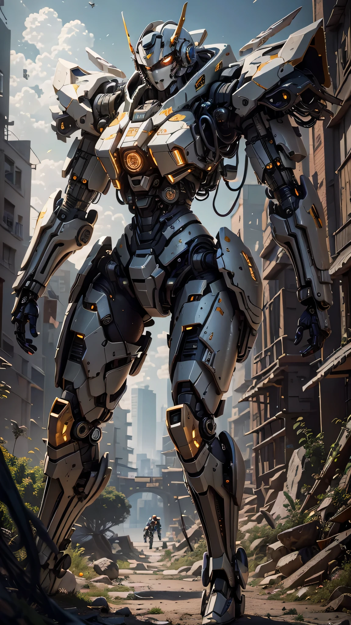 ((Best quality)), ((masterpiece)), (highly detailed:1.3), 3D,Shitu-mecha, beautiful cyberpunk women with her mecha in the ruins of city from a forgoten war, ancient technology,HDR (High Dynamic Range),Ray Tracing,NVIDIA RTX,Super-Resolution,Unreal 5,Subsurface scattering,PBR Texturing,Post-processing,Anisotropic Filtering,Depth-of-field,Maximum clarity and sharpness,Multi-layered textures,Albedo and Specular maps,Surface shading,Accurate simulation of light-material interaction,Perfect proportions,Octane Render,Two-tone lighting,Low ISO,White balance,Rule of thirds,Wide aperature,8K RAW,Efficient Sub-Pixel,sub-pixel convolution,luminescent particles,light scattering,Tyndall effect