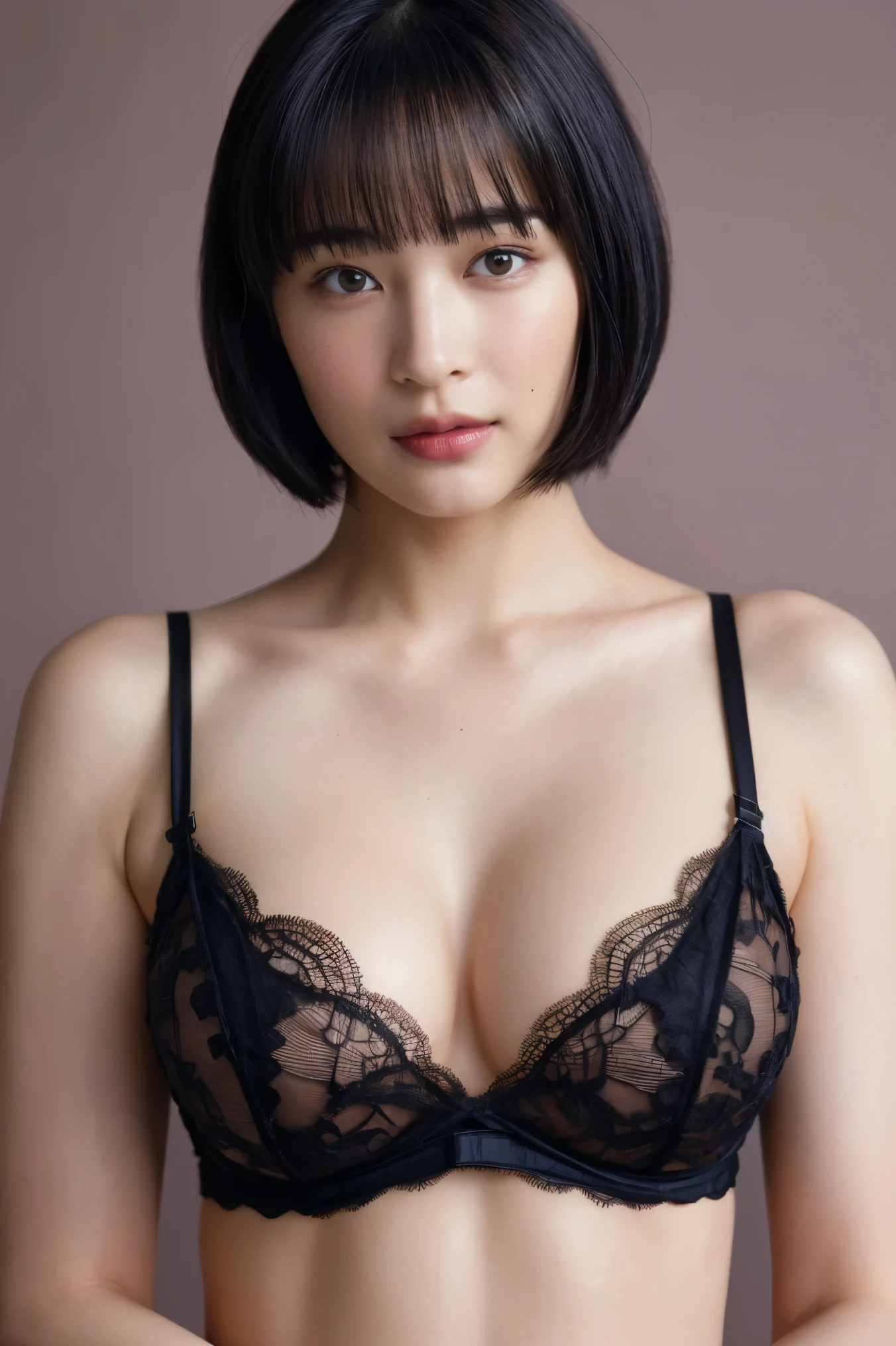 (((大peopleの女性が１people))),(((beautiful short bob cut))),((have bangs)),((リアルなpeople物画像)),(Reality),((best quality)),(muste piece),(highest quality),((Highest image quality)),((highest resolution)),((fine details)),((beautiful detailed face)),(((beautiful black eyes))),((looking at the camera)),((beautiful realistic skin texture)),((blush)),((normal chest)),(((In lingerie))),cleavage,(((wear lingerie:precise depiction))),(((Perfect upper body))),(((accurate upper body))),(((bedroom at night:detailed background))),(((Photographed mainly on the face and chest)),