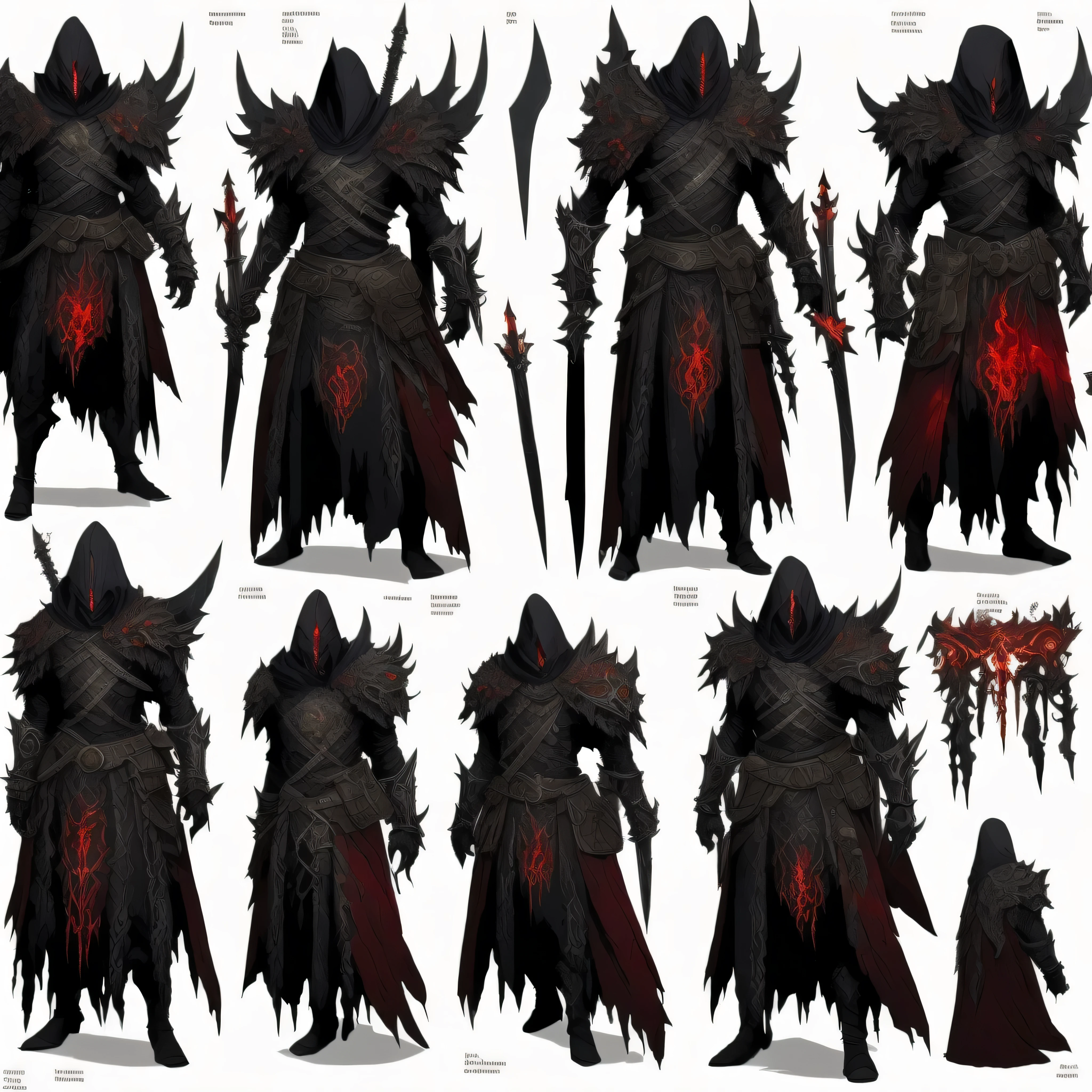 Design de personagem consistente: Develop a digital illustration of a medieval warrior in a dark and mysterious landscape. The warrior is wearing sinister black armor, which appears to be a mix of metal and cursed energy. The armor is adorned with dark, intricate patterns, that appear to have been carved by demonic hands. Emite uma aura escura e pulsante, creating a sense of mystery and danger around him.Design de personagem consistente: Os olhos do guerreiro brilham com um fogo sobrenatural, emitting an intense red light that seems to pierce the darkness of the landscape. These flaming eyes reflect the presence of a supernatural entity within the armor., suggesting a sinister connection between the warrior and dark forces.Design de personagem consistente: The surface of the armor is uneven and rough, with textures that resemble demon skin. Menacing details like sharp spikes and carved skulls adorn the armor, reinforcing its dark and cursed nature. Ancient curse symbols are engraved throughout the armor., evoking a sense of ancient terror.Design de personagem consistente: Na paisagem circundante, dancing shadows move inexplicably, criando uma atmosfera de suspense e desconforto. Dark, ominous smoke rises from the ground, wrapping the warrior in a dark veil that obscures his form and intentions.Design de personagem consistente: The color of the armor varies between deep black, roxo escuro, e vermelho sangue, creating a spectral and menacing appearance. A luz da lua cheia brilha sobre a cena, casting a pale, eerie glow over the warrior and the dark landscape around him.Design de personagem consistente: Repeat each feature twice to ensure the image AI captures every detail and nuance of the scene, creating a visually accurate and evocative representation of the warrior and his cursed armor in the dark landscape."