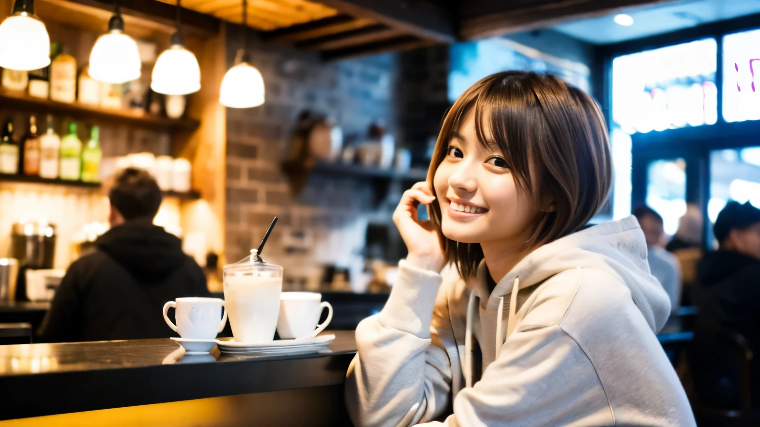 (8K, Raw photo, highest quality, masterpiece:1.2), (realistic, photo-realistic:1.4), (Highly detailed 8K wallpaper), perfect female body, famous japanese idol, 20 year old girl, japanese model, medium short hair, messy hair, light brown hair, hoodie,inside a stylish cafe, I can see other customers enjoying themselves too.。At the back of the cafe、Staff are busy working at the counter。