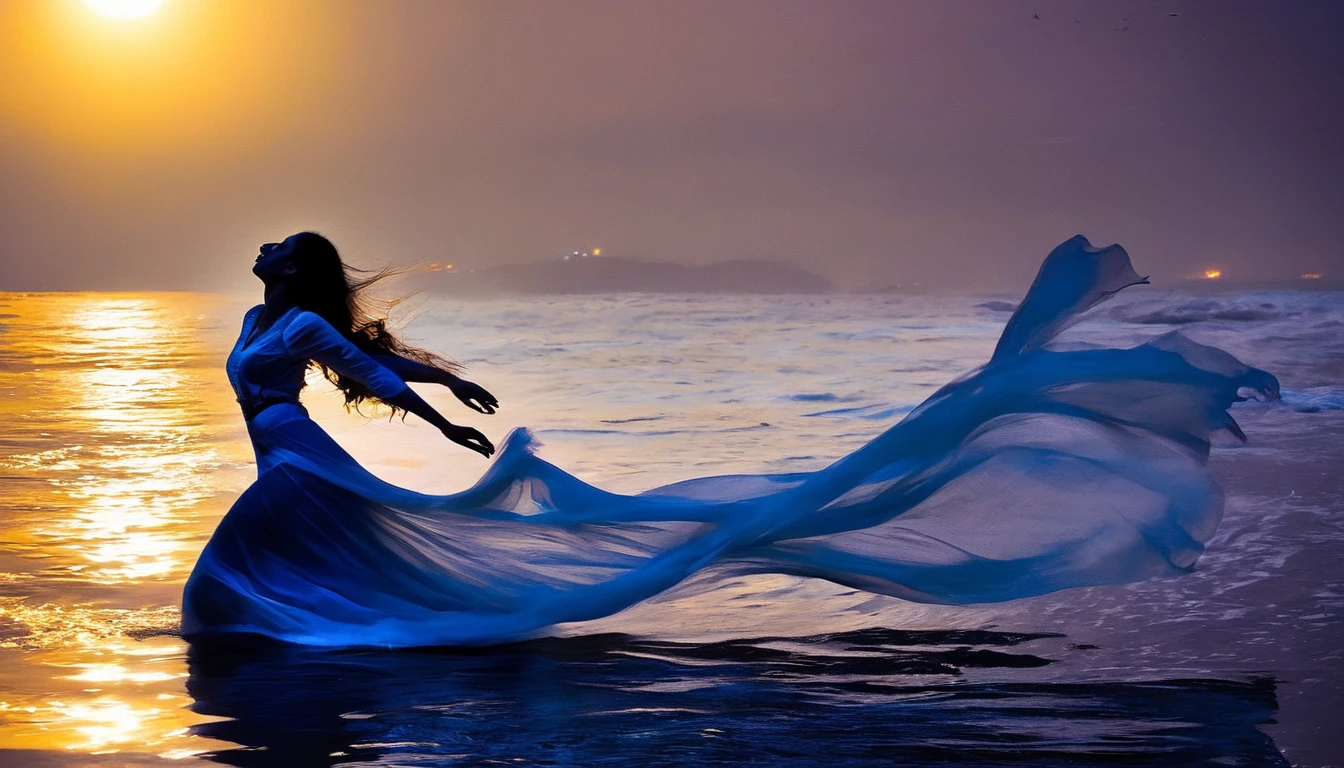 (best quality,ultra-detailed,realistic),translucent glowing ghosts of the passengers(shipwrecked:1.1,spirited) of the 'titanic', mesmerizingly dancing over the vast sea. The moonless sky casts an eerie darkness, accentuating the ethereal essence of the scene. A (hauntingly beautiful) ghostly band, visible only as subtle wisps of light, plays melancholic music, serenading the lost souls. The haunting melodies mix with the sound of crashing waves, creating a haunting symphony (harmony:1.1). The shipwreck's remnants, submerged beneath the water's surface, serve as a hauntingly beautiful backdrop. The (mysterious) depths of the sea add an air of mystery and uncertainty, making the ghostly dance even more captivating. The faint glow of bioluminescent organisms (illuminates:1.1) the surrounding water, infusing the scene with a surreal and ethereal ambiance. The ghosts move with (graceful, fluid) movements, their semi-transparent figures blending with the misty atmosphere. As they sway and twirl, their (tattered, flowing) clothing adds to the ethereal beauty of their dance. Time seems to stand still in this haunting moment, capturing the essence of the tragic tale of the 'titanic' and immersing viewers in a realm between the living and the spirit world.