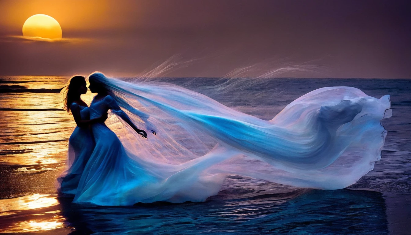 (best quality,ultra-detailed,realistic),translucent glowing ghosts of the passengers(shipwrecked:1.1,spirited) of the 'titanic', mesmerizingly dancing over the vast sea. The moonless sky casts an eerie darkness, accentuating the ethereal essence of the scene. A (hauntingly beautiful) ghostly band, visible only as subtle wisps of light, plays melancholic music, serenading the lost souls. The haunting melodies mix with the sound of crashing waves, creating a haunting symphony (harmony:1.1). The shipwreck's remnants, submerged beneath the water's surface, serve as a hauntingly beautiful backdrop. The (mysterious) depths of the sea add an air of mystery and uncertainty, making the ghostly dance even more captivating. The faint glow of bioluminescent organisms (illuminates:1.1) the surrounding water, infusing the scene with a surreal and ethereal ambiance. The ghosts move with (graceful, fluid) movements, their semi-transparent figures blending with the misty atmosphere. As they sway and twirl, their (tattered, flowing) clothing adds to the ethereal beauty of their dance. Time seems to stand still in this haunting moment, capturing the essence of the tragic tale of the 'titanic' and immersing viewers in a realm between the living and the spirit world.