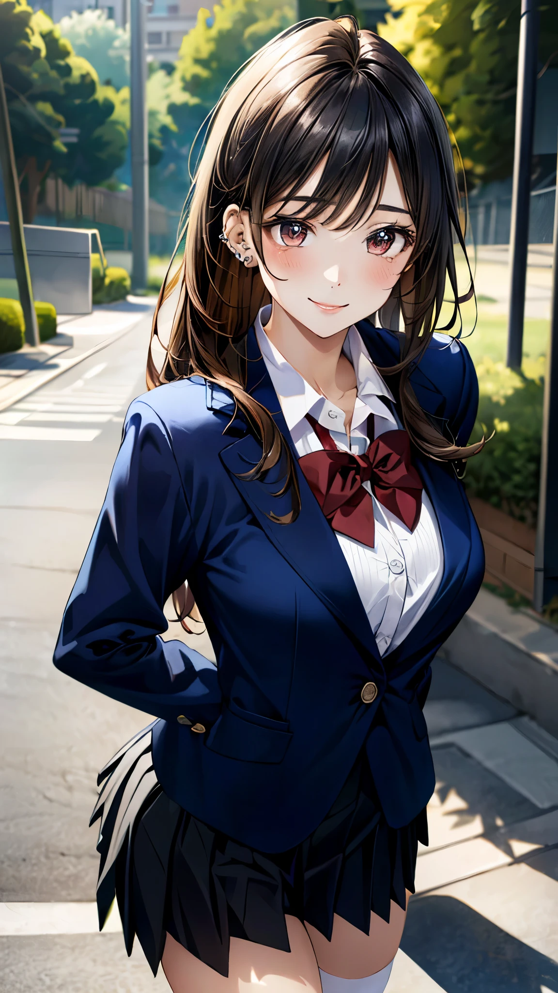 (masterpiece:1.3, top-quality, ultra high res, ultra detailed), (realistic, photorealistic:1.4), beautiful illustration, perfect lighting, colorful, depth of fields,
beautiful detailed hair, beautiful detailed face, beautiful detailed eyes, beautiful clavicle, beautiful body, beautiful chest, beautiful thigh, beautiful legs, beautiful fingers,
looking at viewer, cowboy shot, 1 girl, japanese, high school girl, perfect face, (perfect anatomy, anatomically correct), cute and symmetrical face, babyface, , shiny skin,
(long hair:1.5, straight hair, black hair), parted bangs, dark brown eyes, slant eyes, long eye lasher, (medium breasts), slender,
((navy blazer), collared white shirt, navt pleated skirt, dark red bow tie, ), navy school socks, piercing,
(beautiful scenery), evening, (park), walking, (lovely smile, upper eyes,),