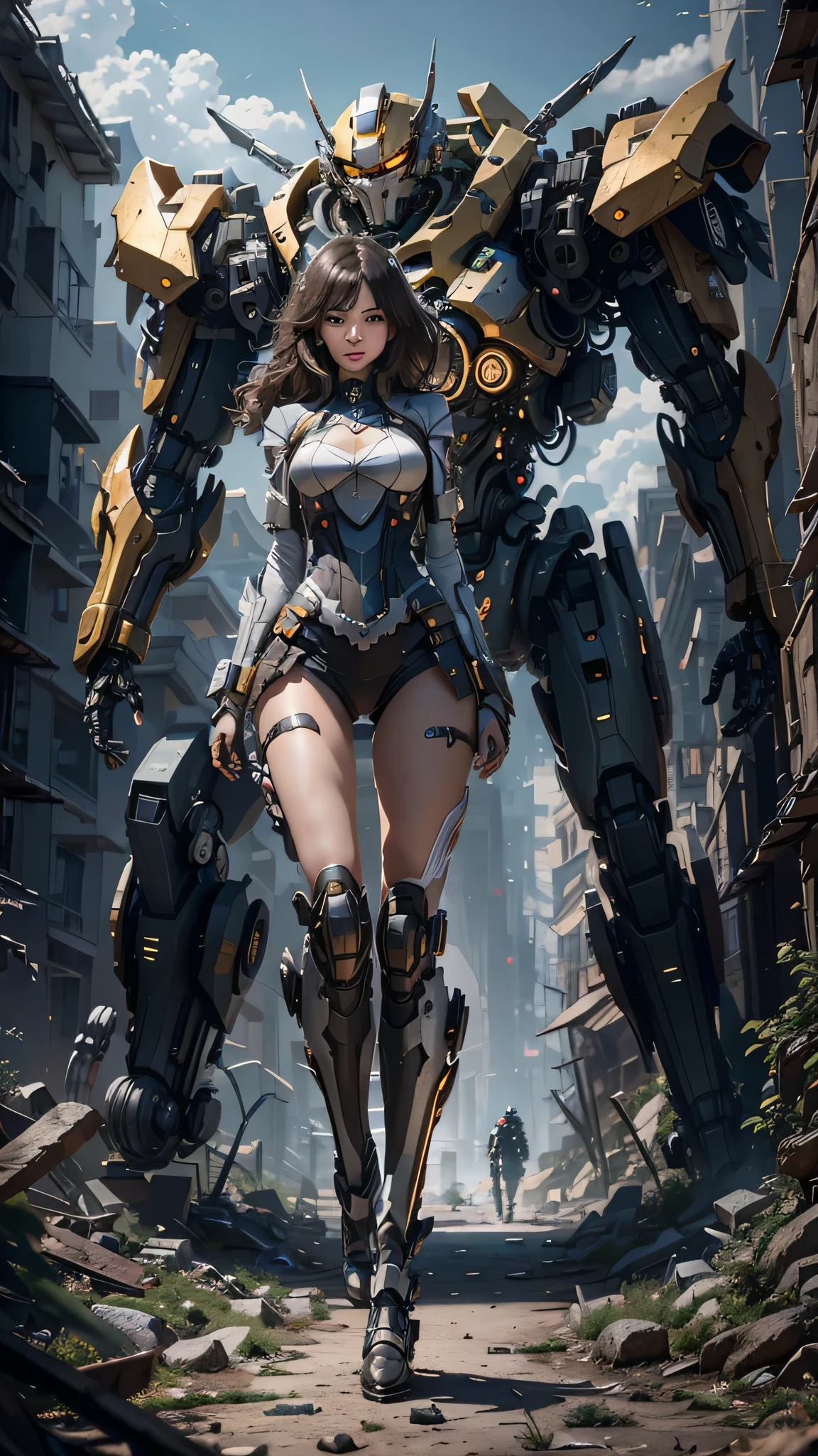 ((Best quality)), ((masterpiece)), (highly detailed:1.3), 3D,Shitu-mecha, beautiful cyberpunk women with her mecha in the ruins of city from a forgoten war, ancient technology,HDR (High Dynamic Range),Ray Tracing,NVIDIA RTX,Super-Resolution,Unreal 5,Subsurface scattering,PBR Texturing,Post-processing,Anisotropic Filtering,Depth-of-field,Maximum clarity and sharpness,Multi-layered textures,Albedo and Specular maps,Surface shading,Accurate simulation of light-material interaction,Perfect proportions,Octane Render,Two-tone lighting,Low ISO,White balance,Rule of thirds,Wide aperature,8K RAW,Efficient Sub-Pixel,sub-pixel convolution,luminescent particles,light scattering,Tyndall effect