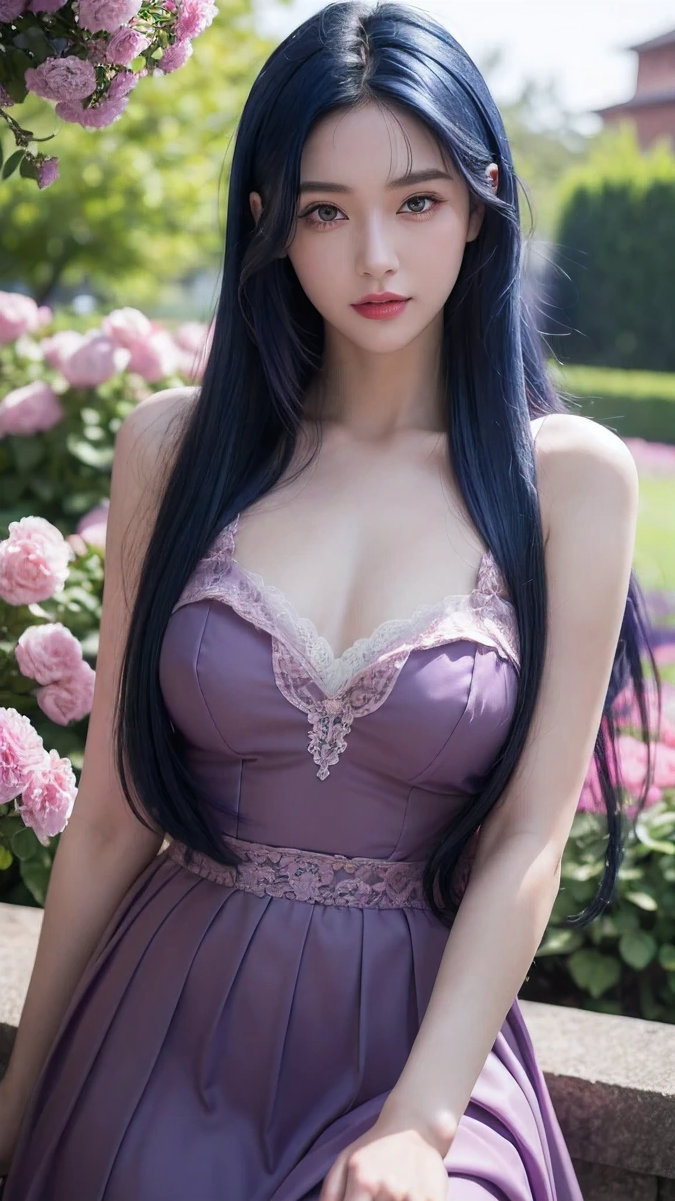 ((((nude)))),(Absurd, High resolution, Super detailed), masterpiece, Hinata(bolt), ((alone)), One girl,Medium chest, Long purple Victorian dress, Mouth closed, (((Long Hair))),Are standing, Bodice and skirt patterns, Frilled Skirt, race, Blinking blinking effect, (((Detailed lips))), garden, Pink and yellow flowers,  ((Realistic Skin)), Glowing Skin, ((Glossy Red Lips)), Purple eyes, Portraiture, beautiful, smile, (((Dark blue hair))), Bust Crop, Normal skin